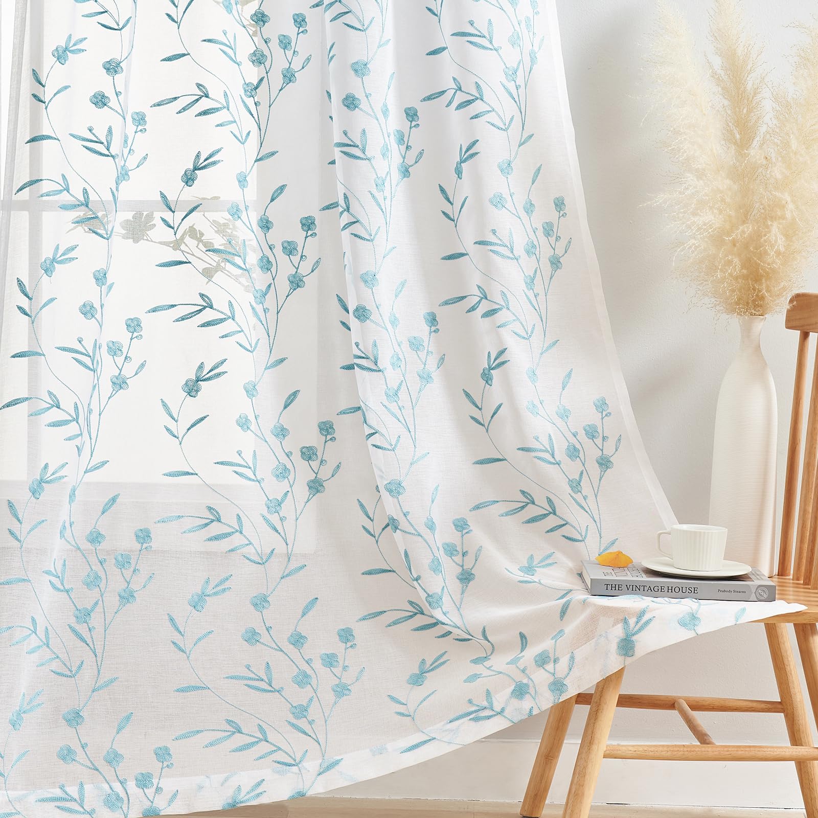 Blue Sheer Curtains Embroidery 63 Inch Length Rod Pocket Voile Drapes For Living Room, Bedroom, Window Treatments Semi Flower Pa