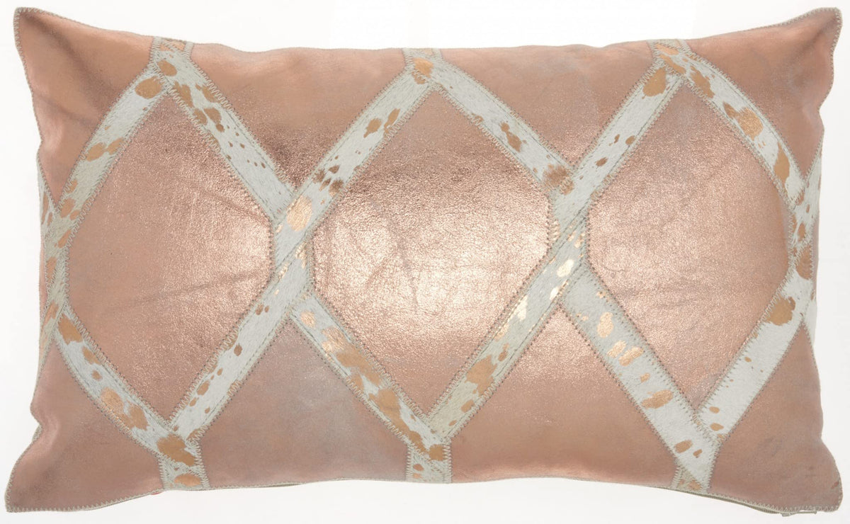 HomeRoots Rose Gold and White Cowhide Lumbar Throw Pillow