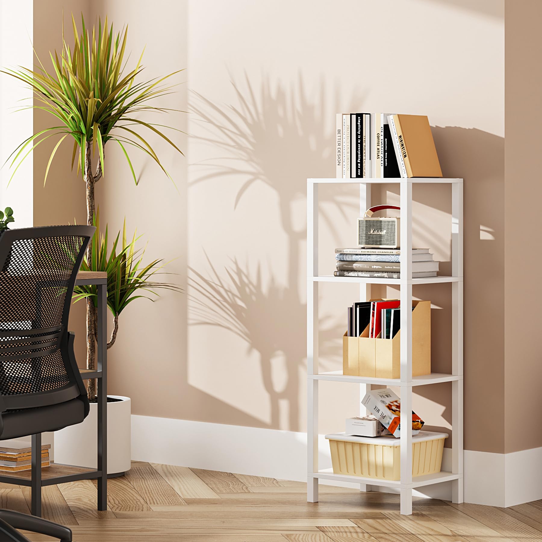 Tutotak Bookshelf, 4-Tier Tall Book Shelf, Narrow Bookcase For Small Space, Diy Stackable Bookshelf, For Living Room, Office, Study, Entryway, Industrial, White Bs01Bw004