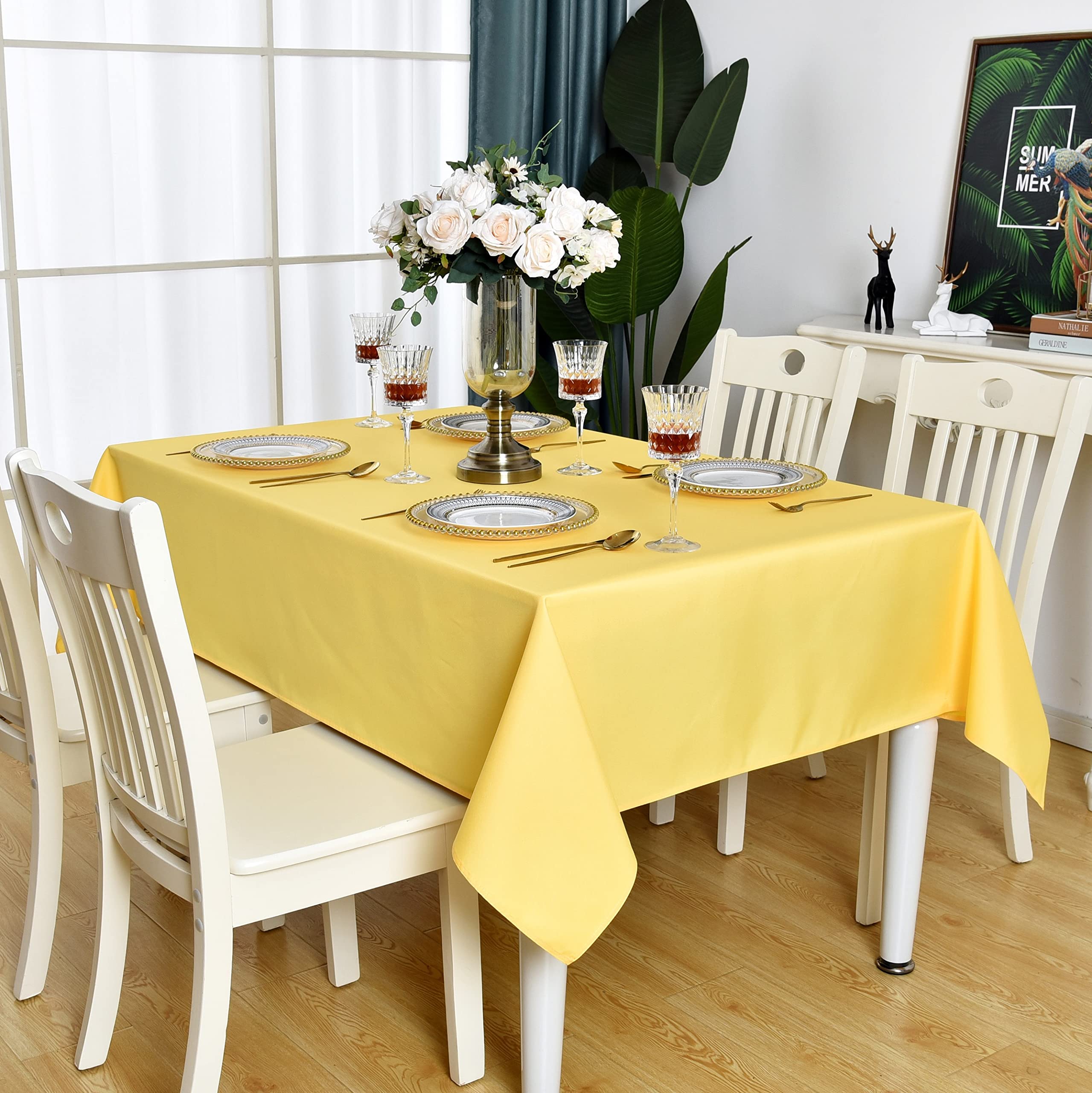 Kaipho Yellow Rectangle Tablecloth Waterproof Stain Resistant Wrinkle Free Table Cloth 210Gsm Polyester Wipeable Table Cover For