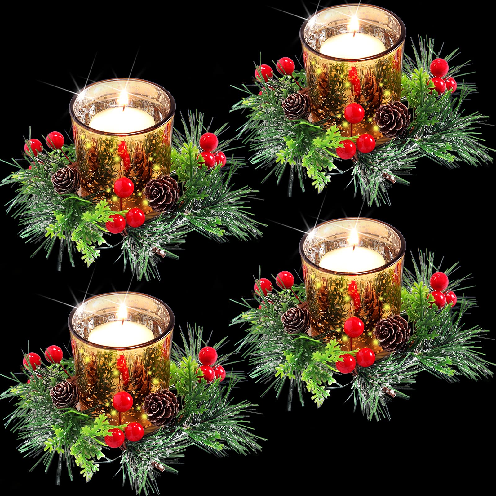 8 Pieces Christmas Candle Holders Glass Tealight Holder Decorative Candle Holder, 4 Pieces Votive Candle Berry Ring with Pinecon
