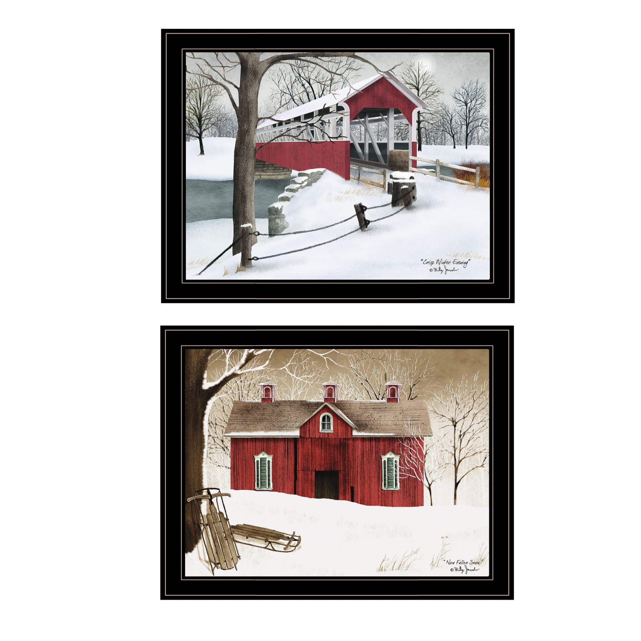 Set Of Two Crisp and New Fallen Snow Winter Barn Black Framed Prints Wall Art