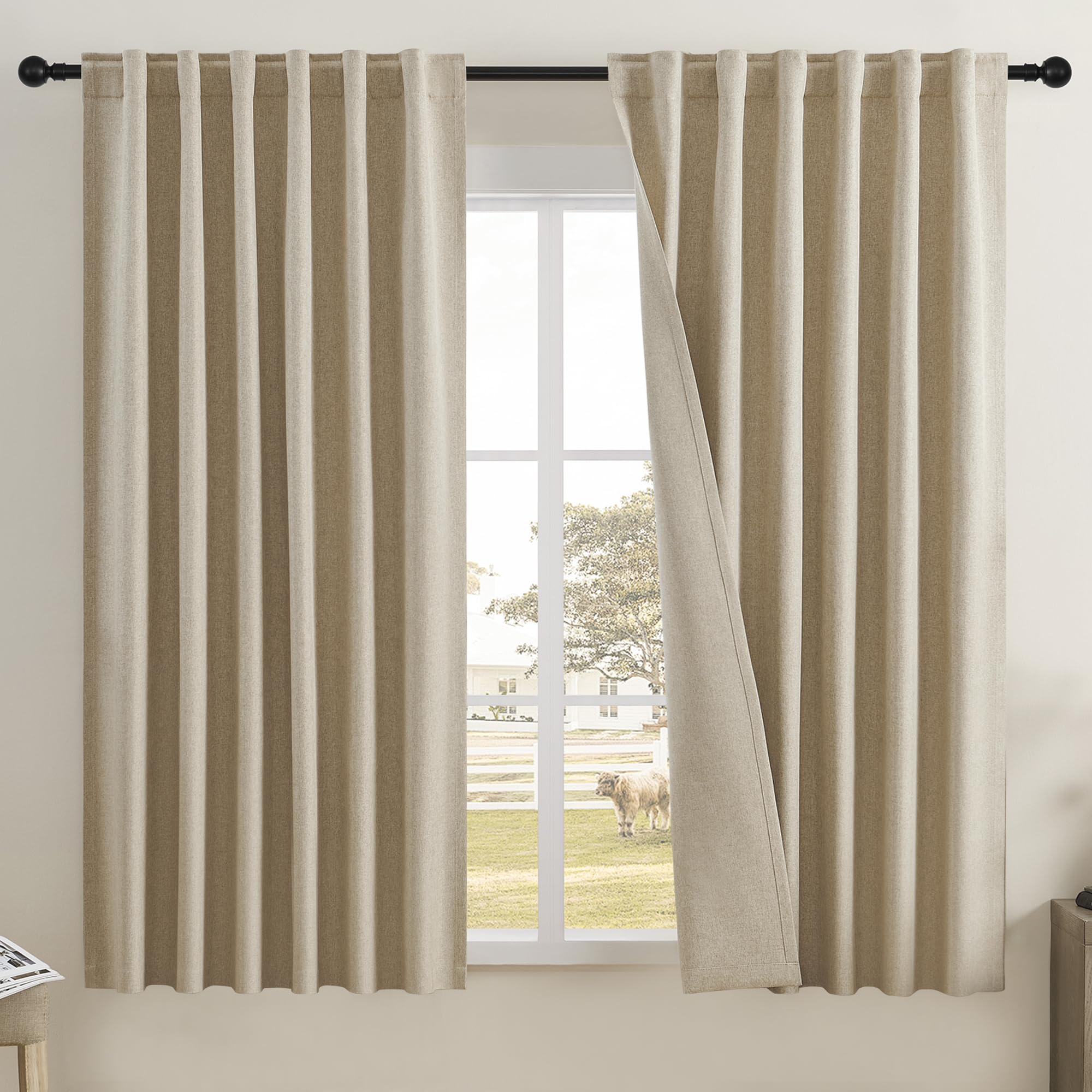 Dualife Taupe Room Darkening Curtains 72 Inches Long-Back Tab Rod Pocket Hook Belt Burlap Linen Natural Farmhouse Rustic Curtain