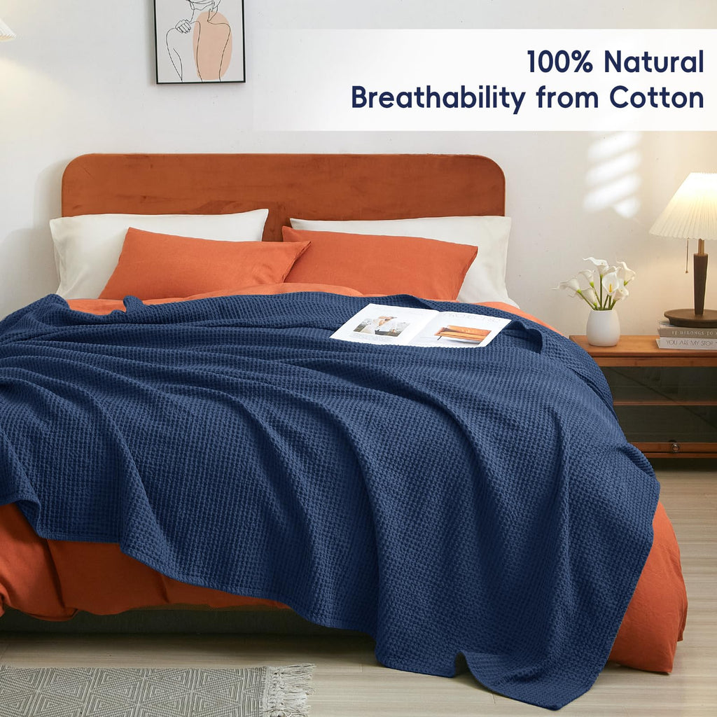 Phf 100% Cotton Waffle Weave Blanket Twin Size 66'X90' - Lightweight Washed Soft Breathable Blanket -Great Blanket Layer For Couch Bed Sofa - Elegant Aesthetic Roome Decoration - Navy Blue/Bright Blue