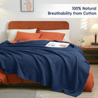 Phf 100% Cotton Waffle Weave Blanket Twin Size 66'X90' - Lightweight Washed Soft Breathable Blanket -Great Blanket Layer For Couch Bed Sofa - Elegant Aesthetic Roome Decoration - Navy Blue/Bright Blue