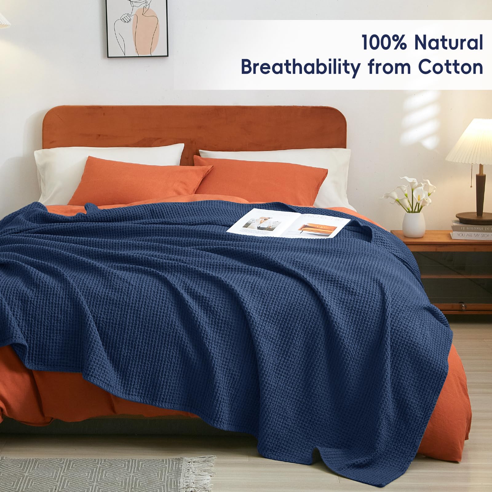 Phf 100% Cotton Waffle Weave Blanket Twin Size 66'X90' - Lightweight Washed Soft Breathable Blanket -Great Blanket Layer For Couch Bed Sofa - Elegant Aesthetic Roome Decoration - Navy Blue/Bright Blue