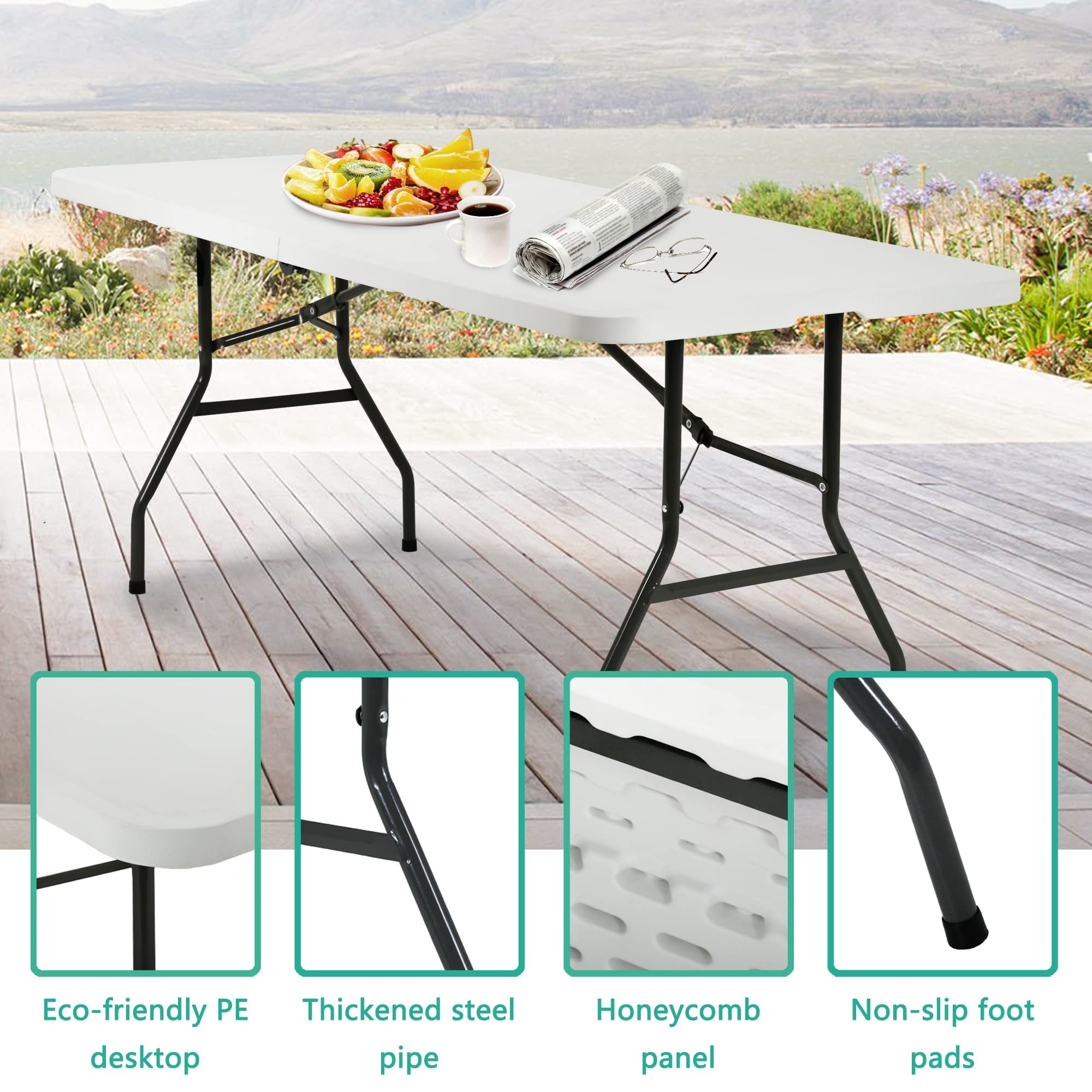 Camping Table Plastic Picnic Table Office Table For Parties Wedding Camping Office With Carrying Handle (6Ft)