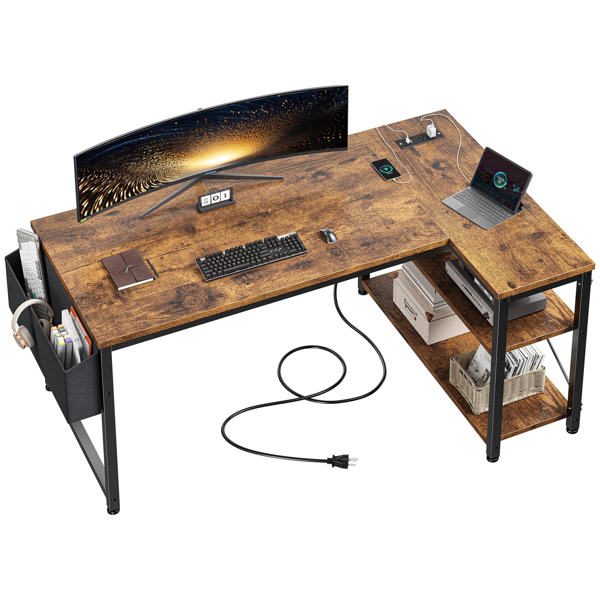 EnHomee 48 Inch L Shaped Desk with Storage Shelves & Side Bag, Gaming Desk with Power Outlets, Reversible Computer desks with X-