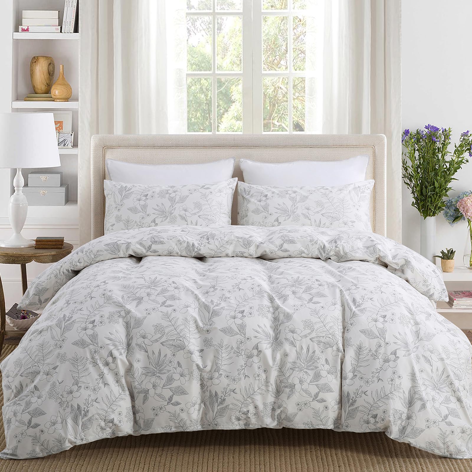 Cozaline Floral Comforter Set King Size 100% Cotton Comforter Sets, Reversible Grey Floral Comforters Lightweight All Season Far