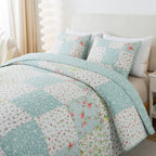 Soul & Lane Whispering Flowers Cotton Quilt Set - Queen Size With 2 Shams, White And Blue Pieced Patchwork Design, Country Flora