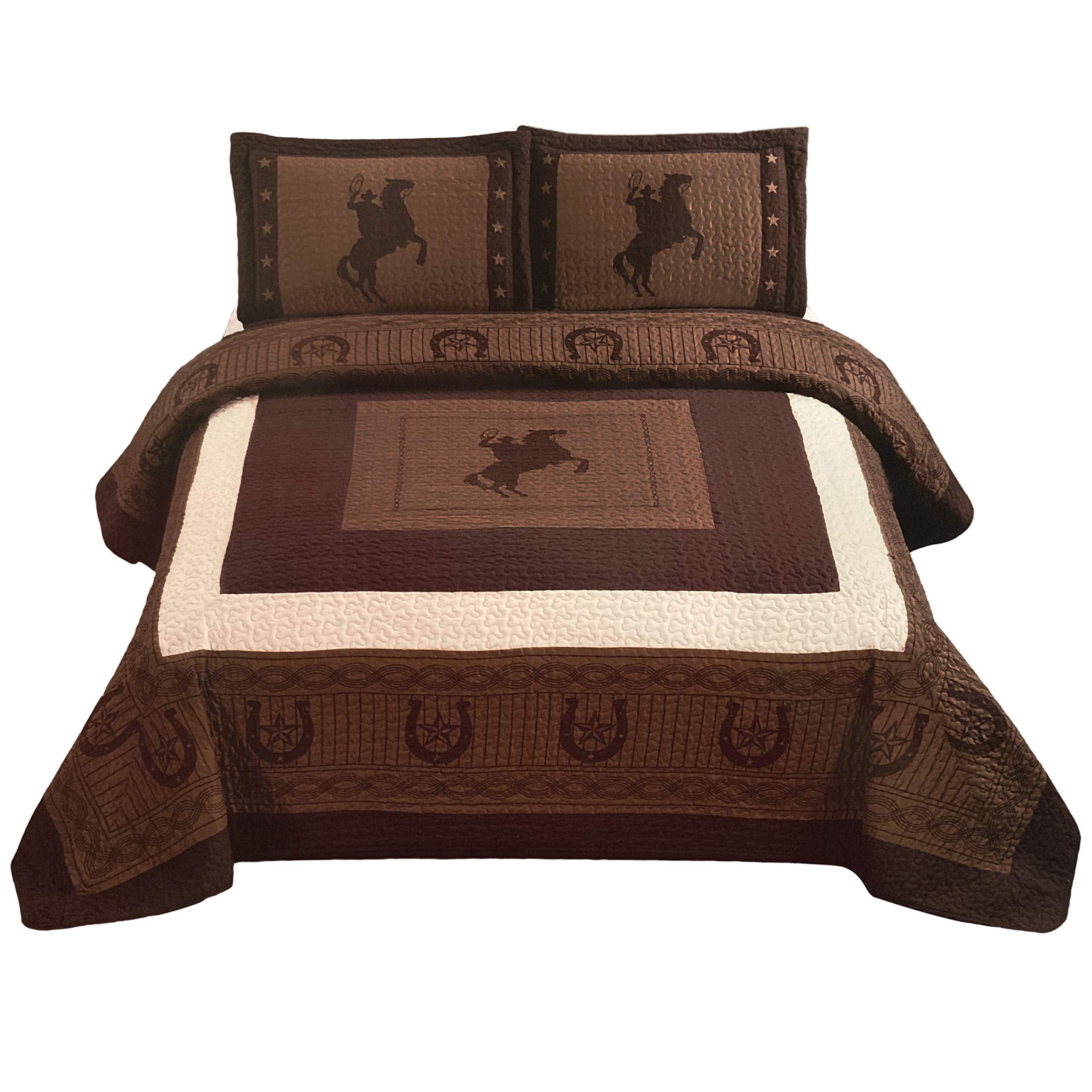 Western Collection New Western Stars And Horses Cowboy Luxury Home Quilt Bedspread Oversize Comforter (Queen Brown Horse)