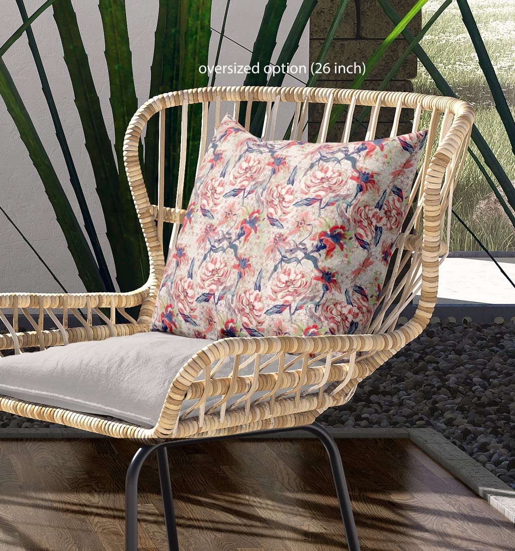 HomeRoots Red Light Green Indigo Broadcloth 16â€ Red Light Indigo Roses Indoor Outdoor Throw Pillow