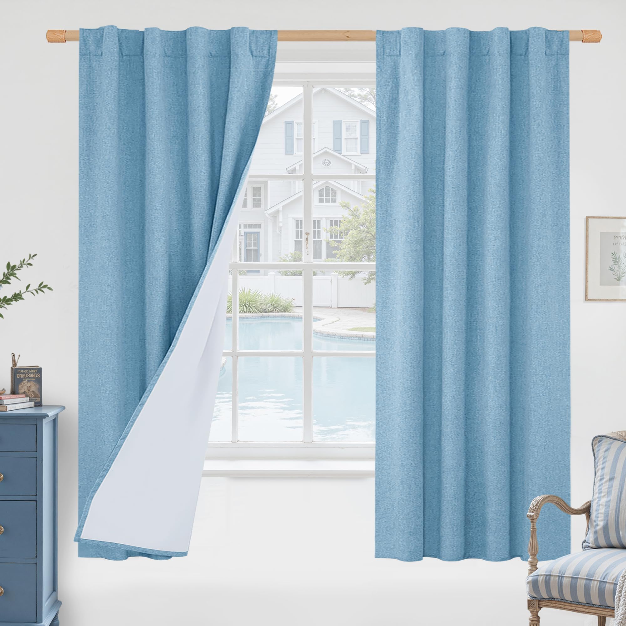LAMIT Blue 100% Blackout Linen Curtains, 63 Inches Linen Textured Thermal Bedroom Curtains Back Tab and Rod Pocket Neutral Panel