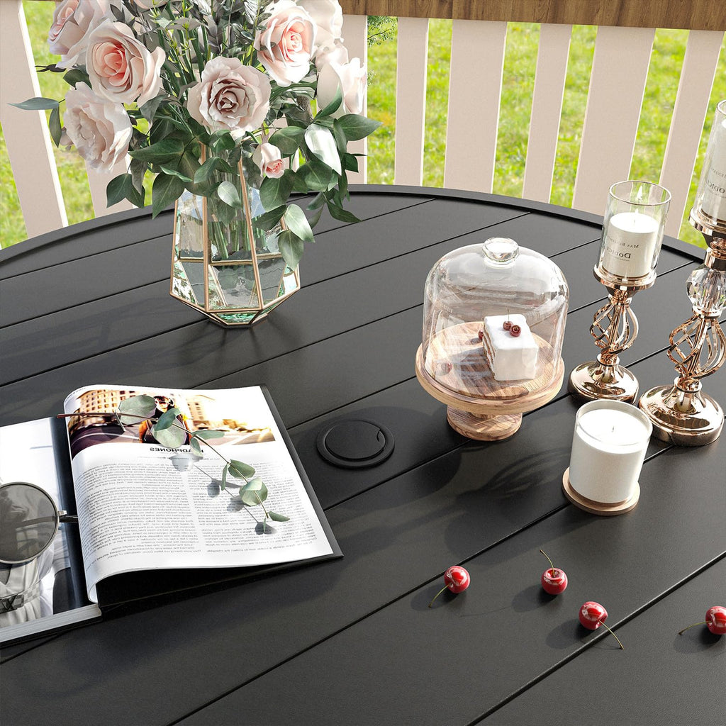 Vicllax Metal Patio Round Table For 8, 53' All Weather Round Outdoor Dining Table For Lawn Garden, Outdoor Patio Table With Umbrella Hole, Black Tabletop