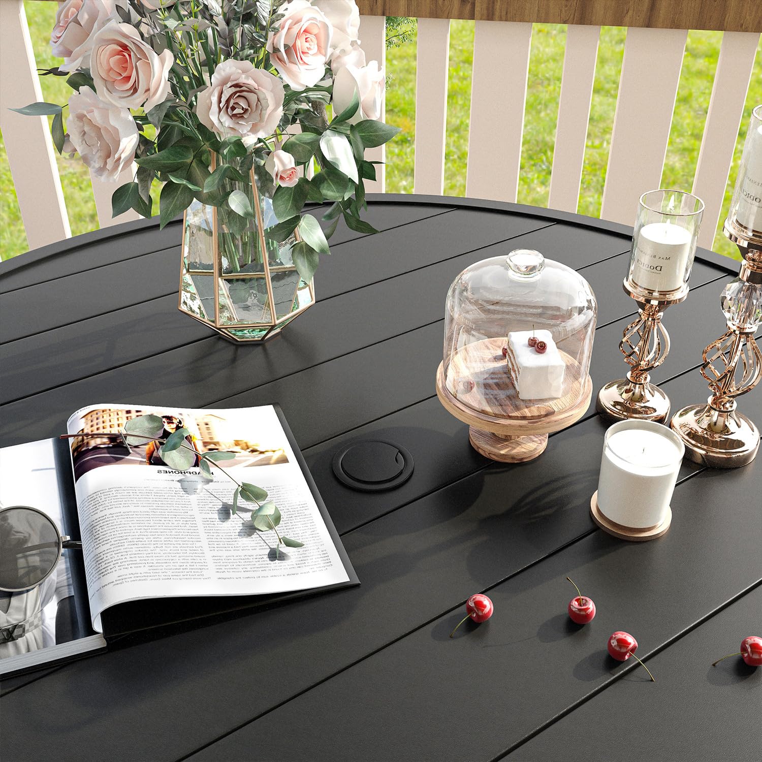 Vicllax Metal Patio Round Table For 8, 53' All Weather Round Outdoor Dining Table For Lawn Garden, Outdoor Patio Table With Umbrella Hole, Black Tabletop