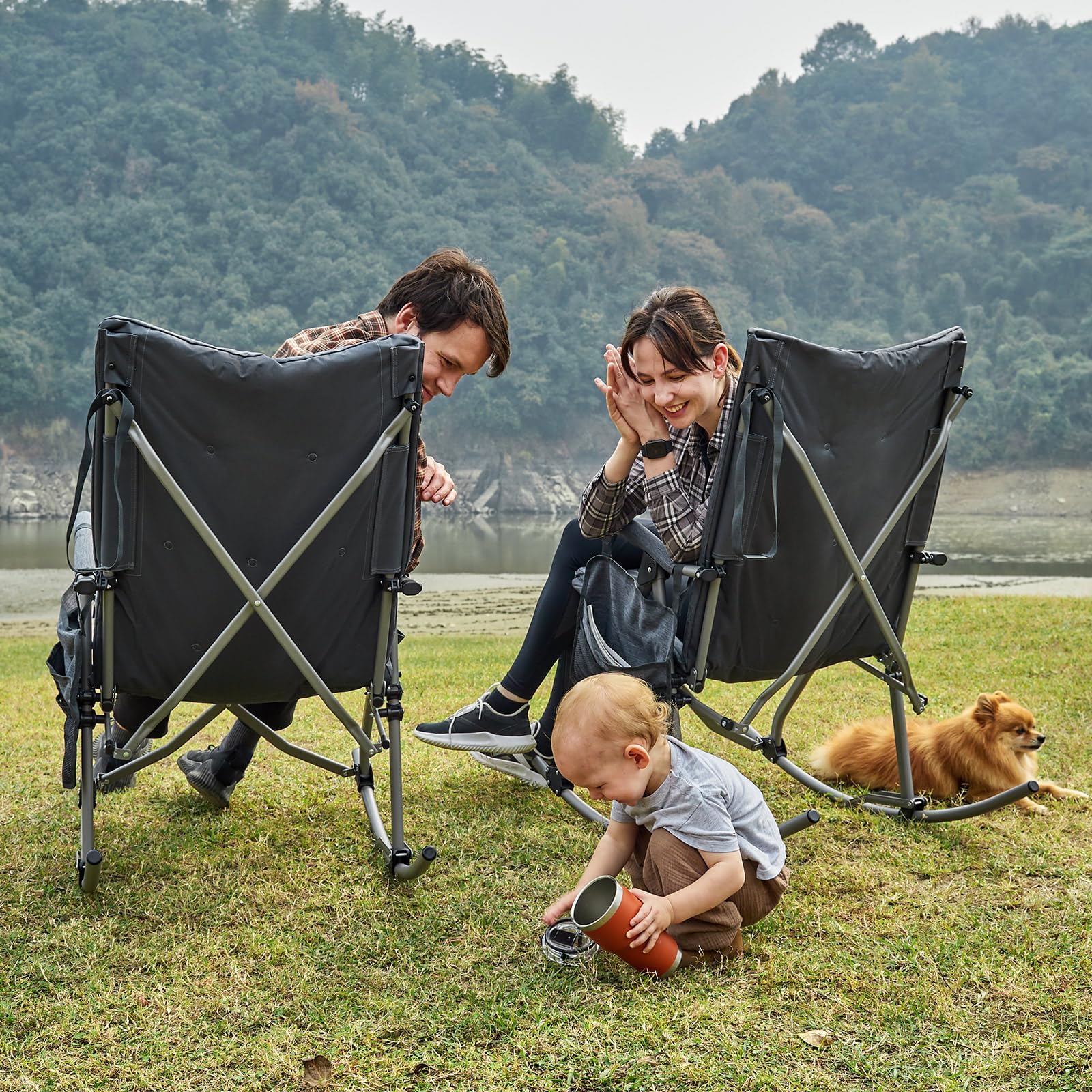 Ever Advanced Oversized Folding Rocking Camping Chair, Padded Portable Rocker Chair For Patio, Lawn And Outdoors, Heavy Duty Hard Armchair For Adults Supports 400Lbs, Grey