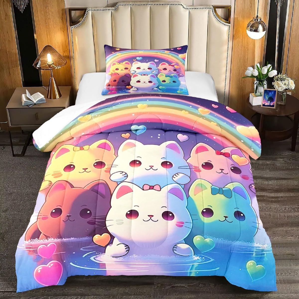 Jiospet Rainbow Cat Comforter Twin Size - Rainbow Cat Bedding For Girls Room Cute Cartoon Rainbow Bedding Twin Comforter Sets Fo