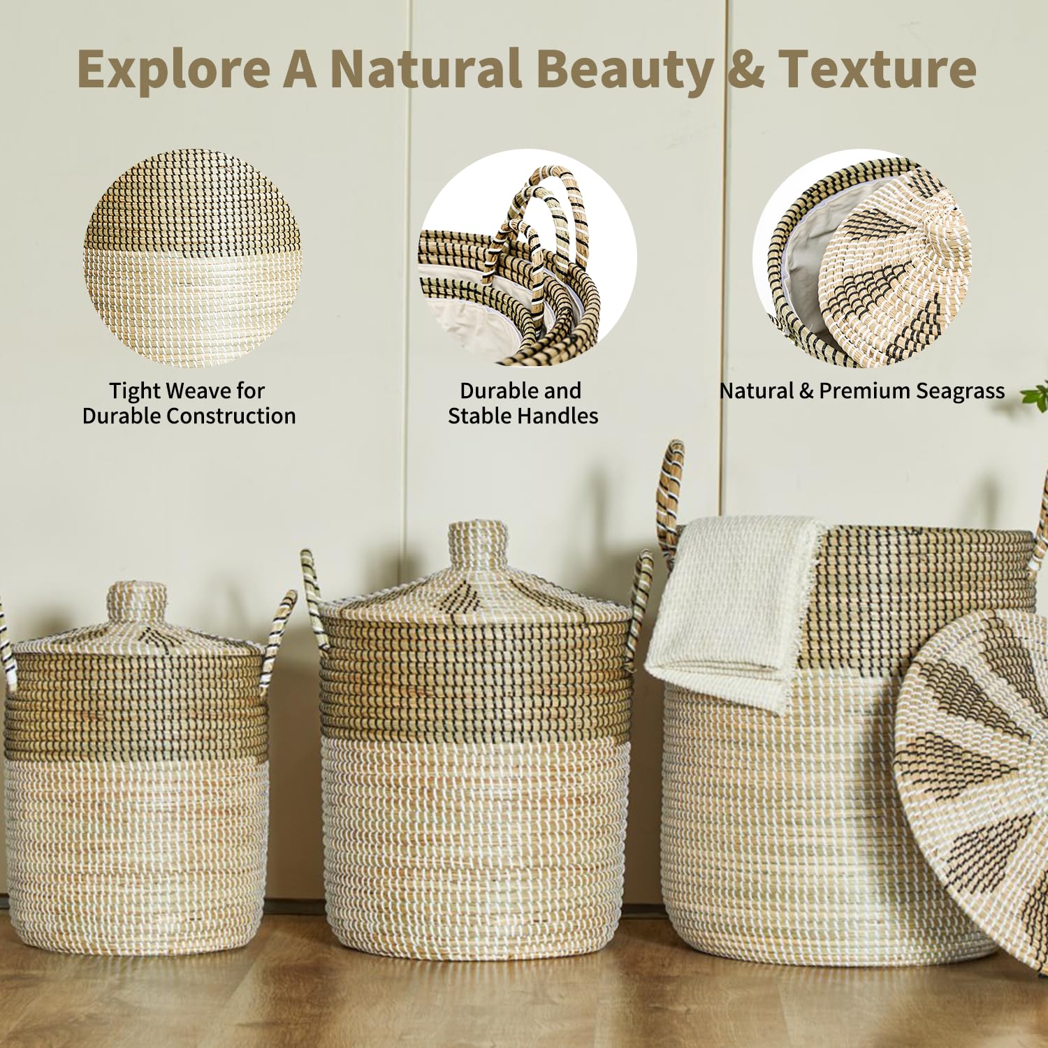 Double Gift Set Of 3 Laundry Baskets Hamper, 75L Seagrass Handwoven Storage Basket With Lid Handles, 100% Natural Vietnamese Wov