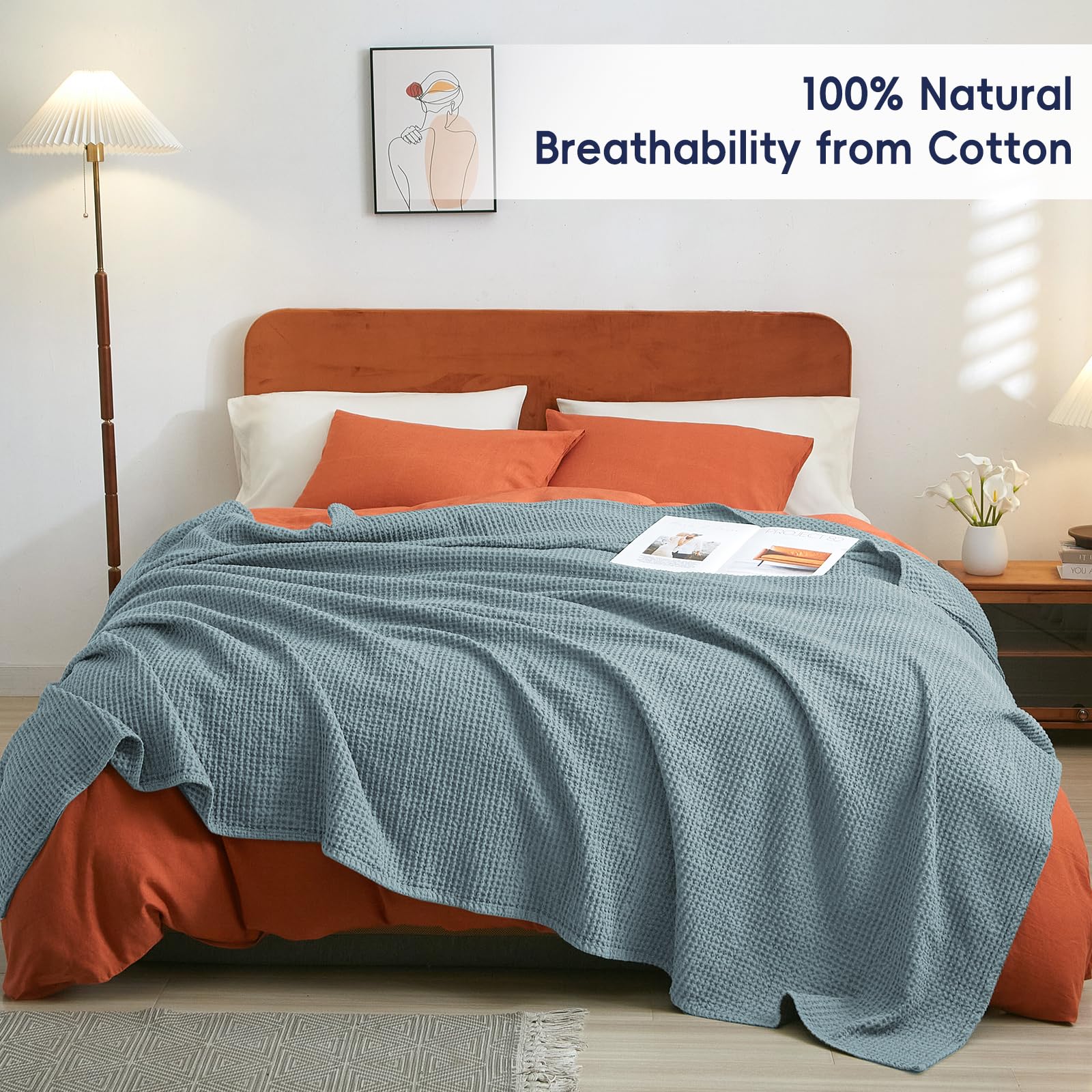 Phf 100% Cotton Waffle Weave Blanket King Size 104' X 90' - Lightweight Cozy Washed Soft Breathable Throw - Perfect Layer For Couch Bed Sofa - Elegant Aesthetic Home Decoration Gift - Ocean