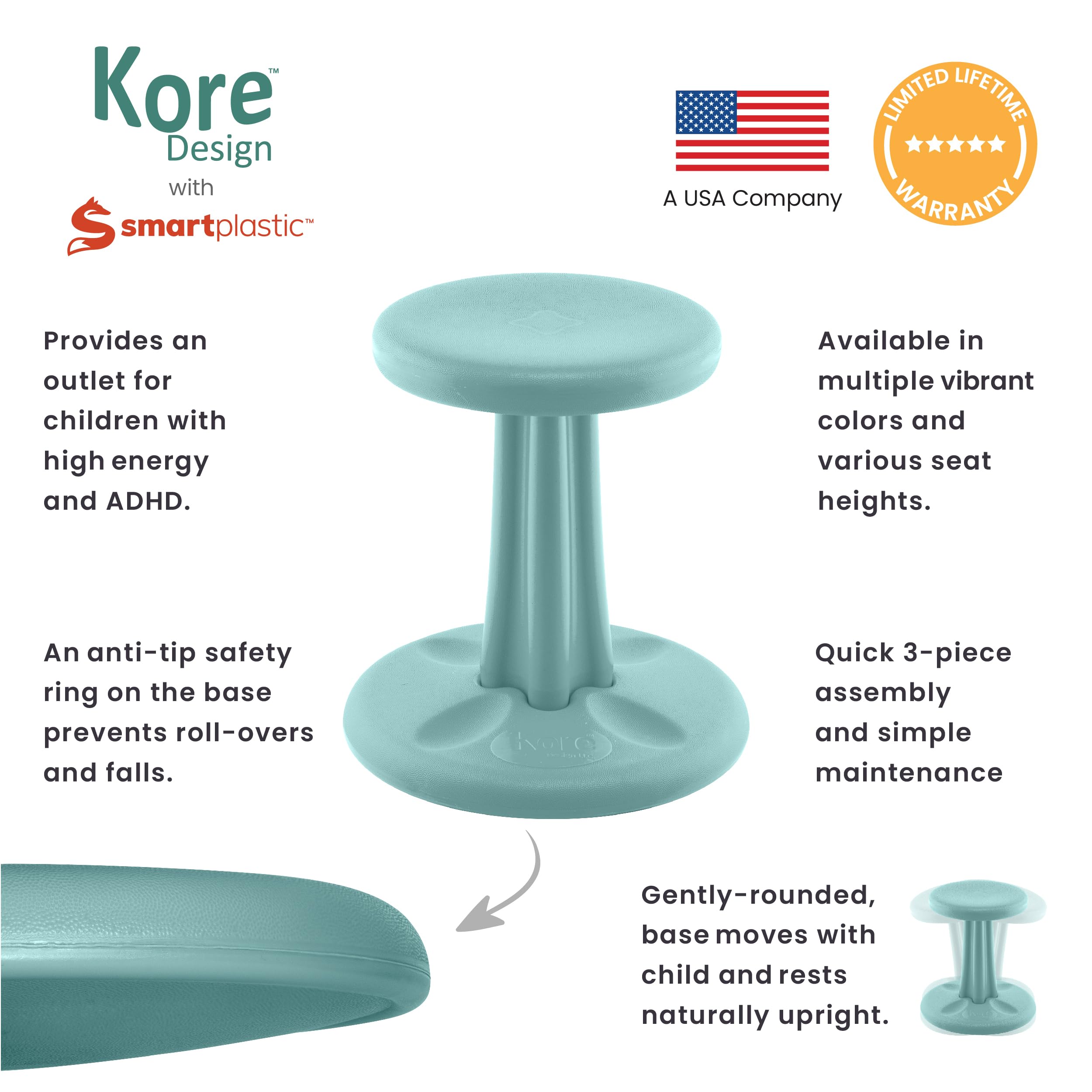 KORE Design Wobble Stool Chair, Girls + Boys Kid Desk Stools, Ergonomic Small Office Chairs, Flexible Seating for Active Child, ADD/ADHD, Classroom, School, Home, Kids (14in), Age 6-7 yrs, Teal