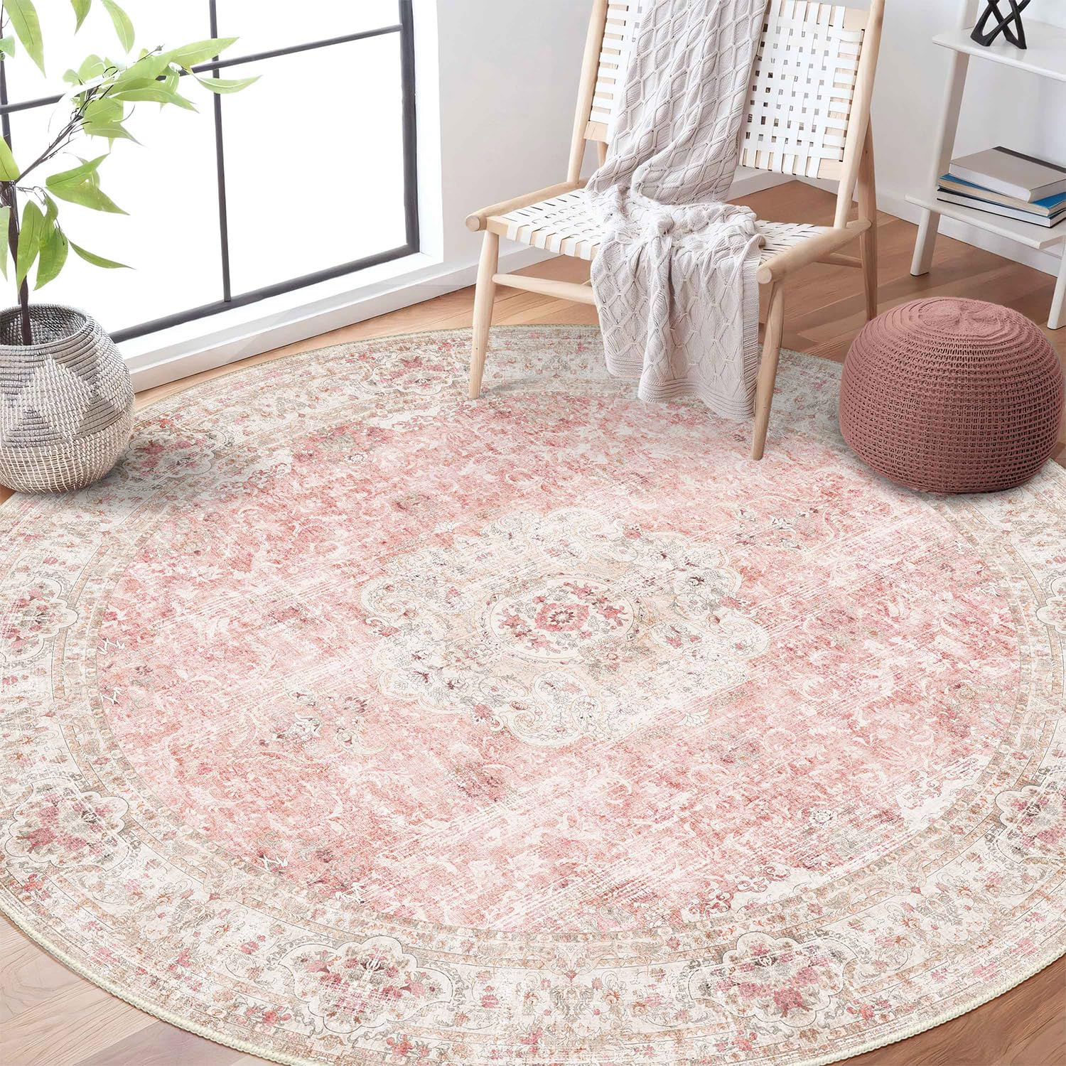 Castage Pink Round Rug 6ft,Large Circle Area Rugs for Bedroom Living Room,Washable Boho Vintage Bohemian Distressed Oriental Flo