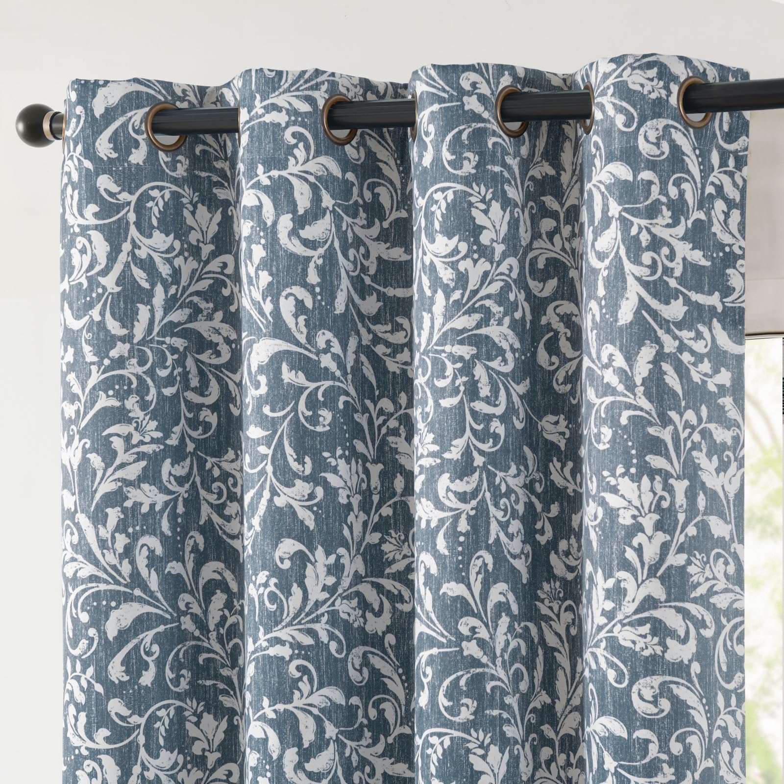 Jinchan 100% Blackout Curtains For Bedroom, Blue Scroll Floral Patterned Curtains 108 Inch Length For Living Room, Farmhouse Vintage Art Deco Drapes, Thermal Insulated Window Curtains Grommet 2 Panels