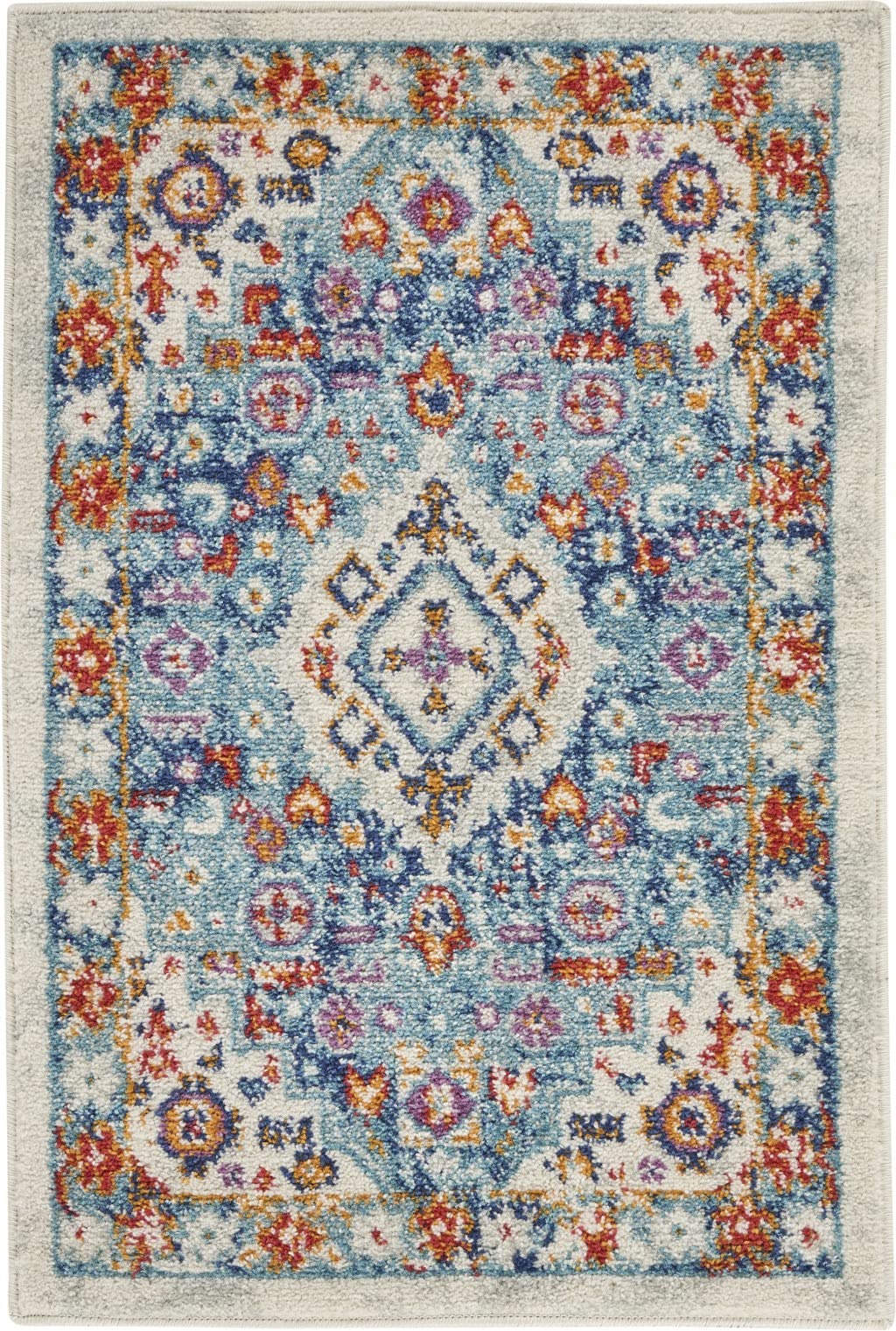 HomeRoots Ivory/Multi 100% Polypropylene 2’ x 3’ Ivory and Blue Floral Motifs Scatter Rug