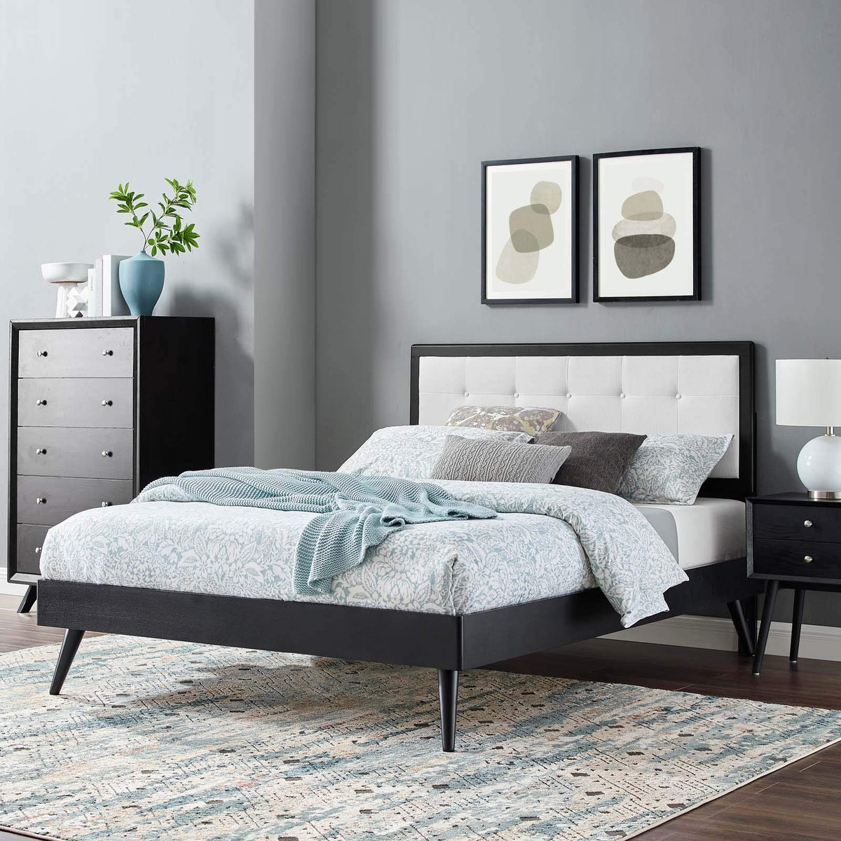 Modway Mod-6639-Blk-Whi Willow Twin Wood Platform Bed With Splayed Legs, Black White