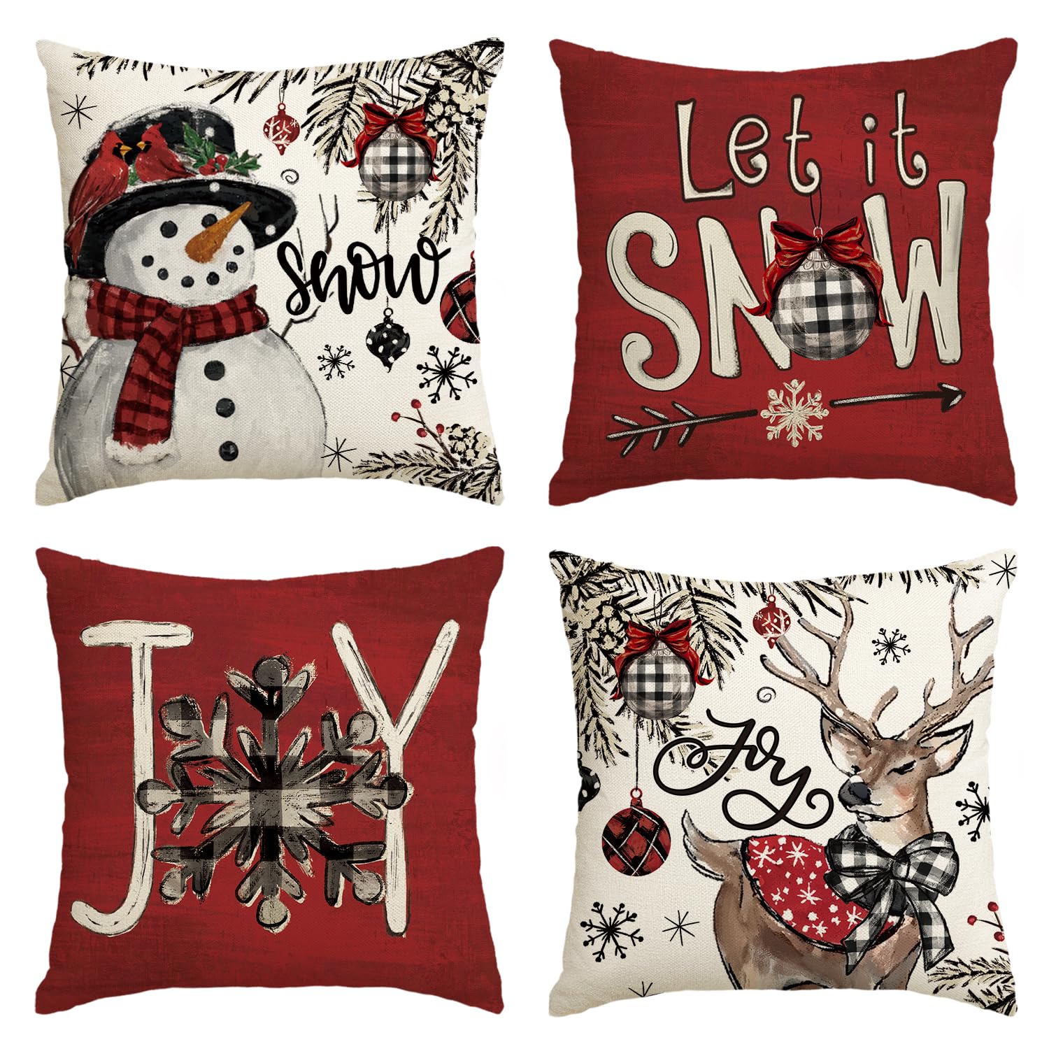 Avoin Colorlife Joy Christmas Let It Snow Snowman Reindeer Throw Pillow Covers, 18 X 18 Inch Xmas Snowflake Winter Holiday Cushi