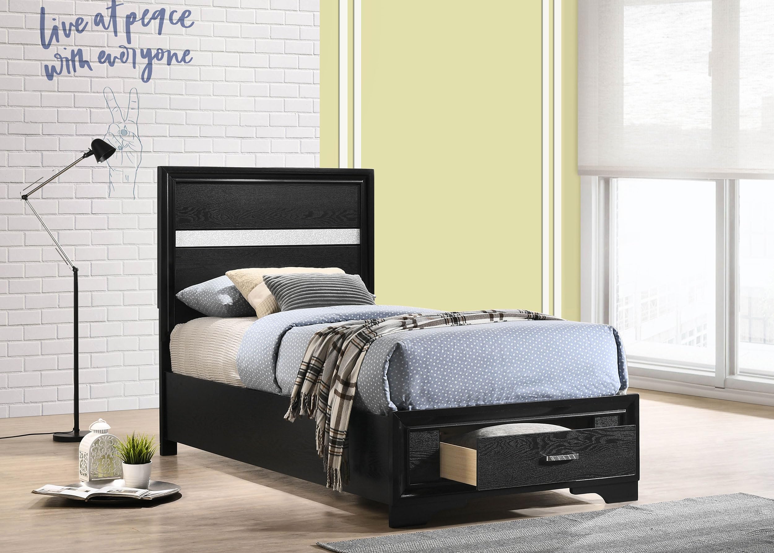 Coaster Home Furnishings Miranda Contemporary Wood Twin Size Storage Panel Bed Frame 50-inch Headboard Black 206361T