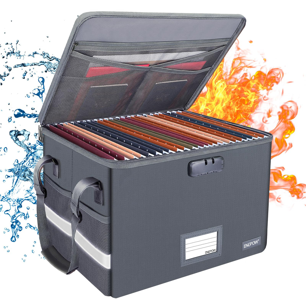 Engpow File Box With Lock, Fireproof Document Box With Zipper Lid,Collapsible File Organizer Storage Box Filing Box With Handle,