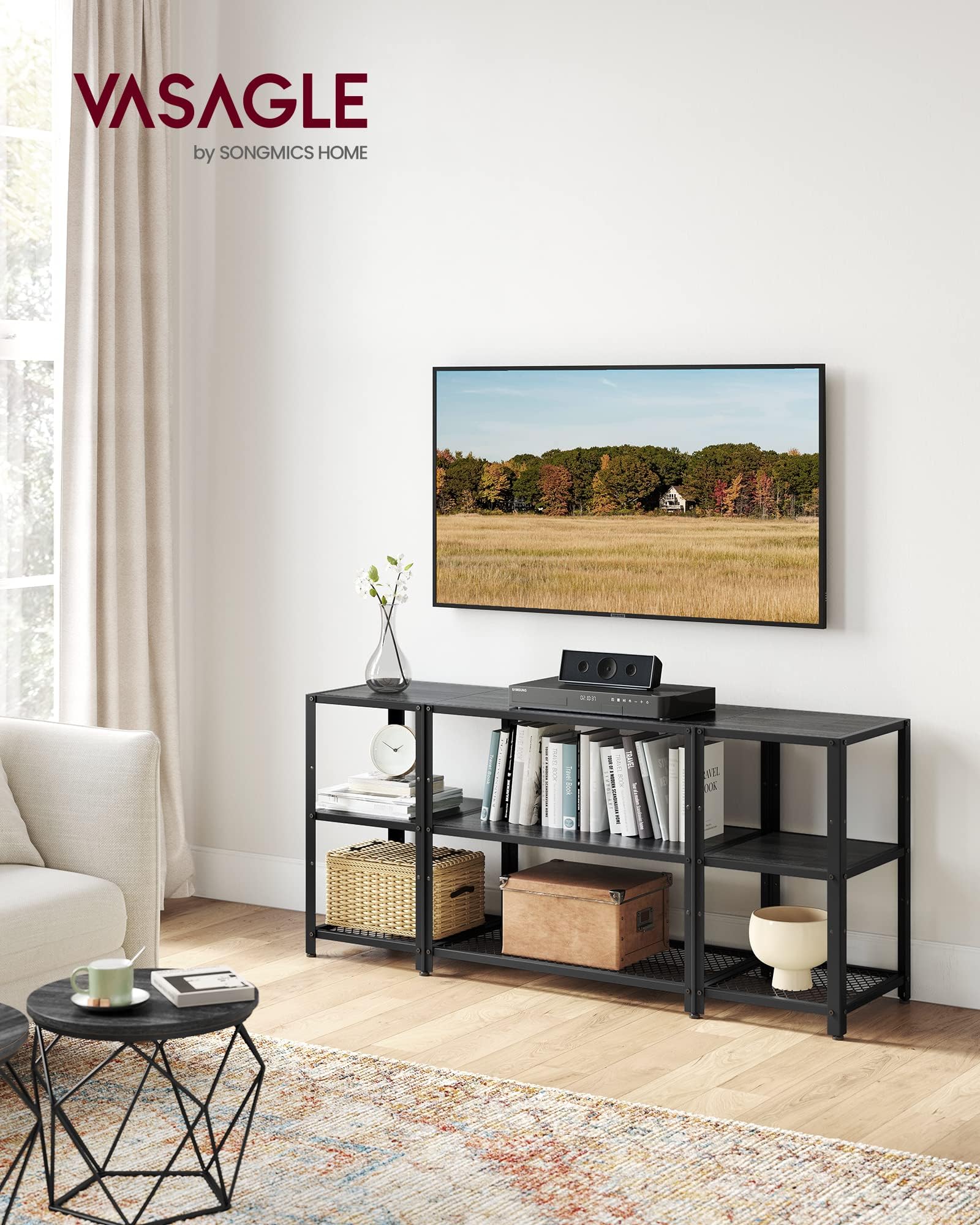 Vasagle Tv Stand For 65 Inches Tvs, Industrial Entertainment Center, Modern Tv Console With Open Storage Shelves For Living Room, Bedroom, Black Ultv105B22