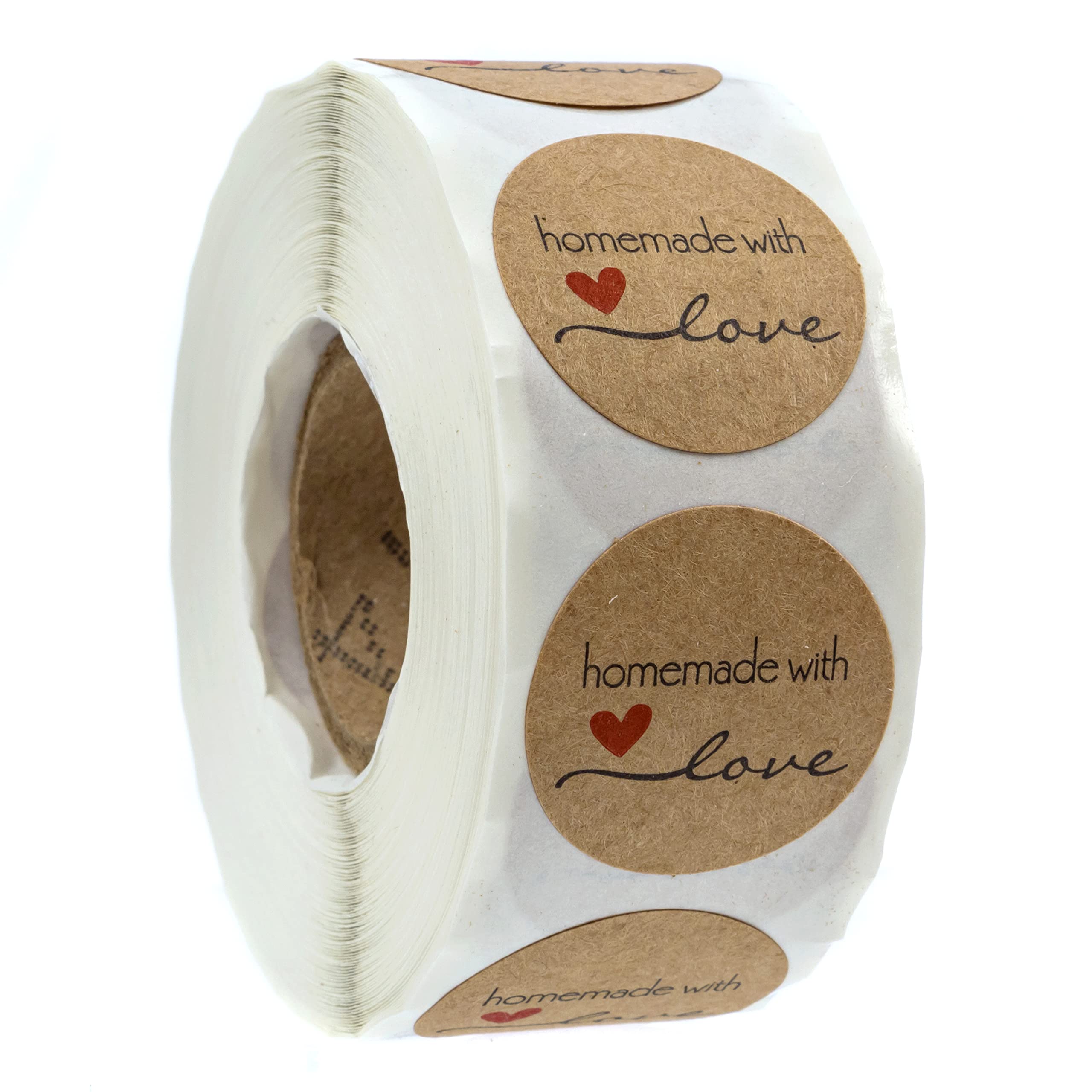 1' Round Natural Brown Kraft Homemade With Love Stickers / 500 Brown Kraft Labels Roll/Made In The Usa