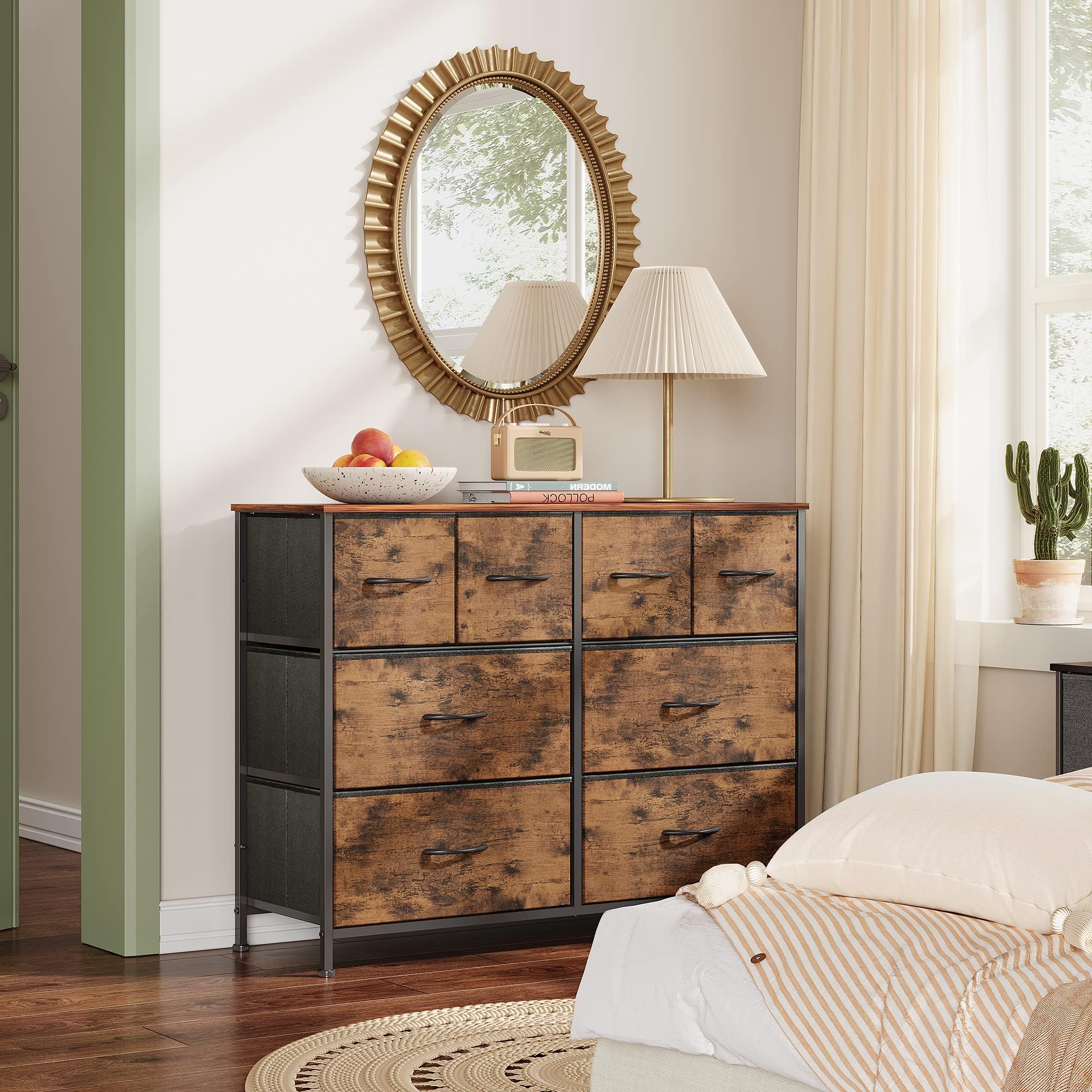 Wlive Dresser For Bedroom With 8 Drawers, Wide Fabric Dresser For Storage And Organization, Bedroom Dresser, Chest Of Drawers For Living Room, Closet, Entryway, Rustic Brown Wood Grain Print