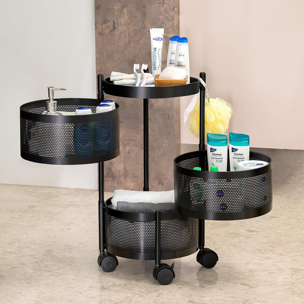 DMDENT 4Tier Rolling Bathroom Storage Cart with Wheels, Metal Organizer Trolley for Toiletries, Towels & Cleaning Supplies, Spa
