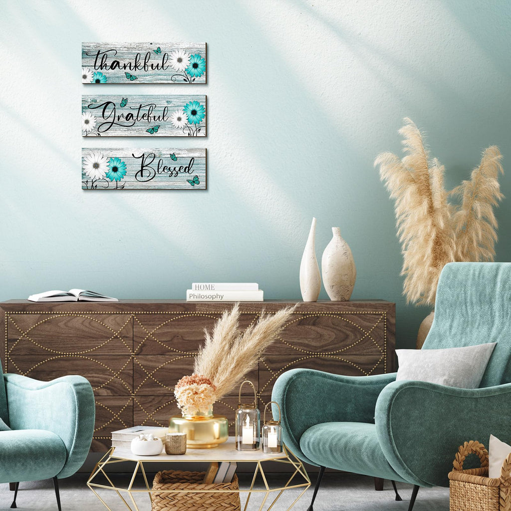 Geetery 3 Pcs Thankful Grateful Blessed Wooden Signs Rustic Daisy Wood Wall Decor Inspirational Wall Art Signs Rustic Wooden Han