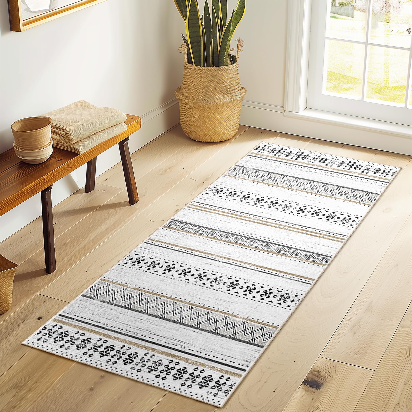 BESTSWEETIE 2x6 Hallway Runner Rugs Washable Rug Moroccan Farmhouse Neutral Geometric Low Pile Non-Slip Soft Rug for Entryway Be