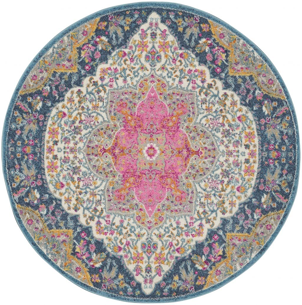 HomeRoots Multicolor 100% Polypropylene 4’ Round Blue and Pink Medallion Area Rug