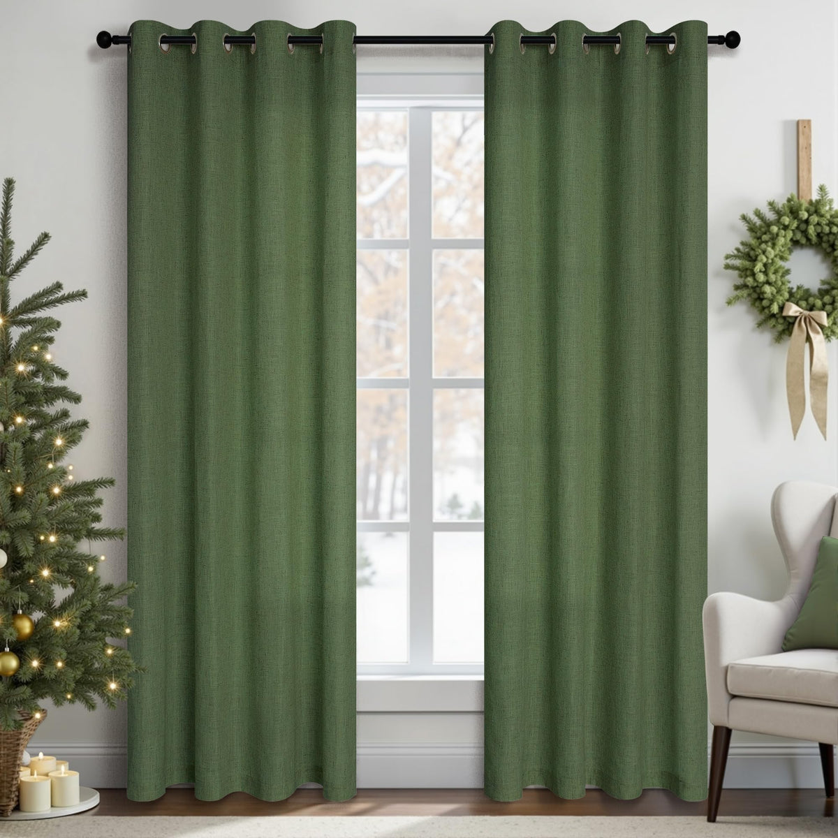 Olive Green Boho Curtains 84 Inch Length For Living Room 2 Panels Set Grommet Aesthetic Neutral Linen Cotton Drape Semi Sheer Li