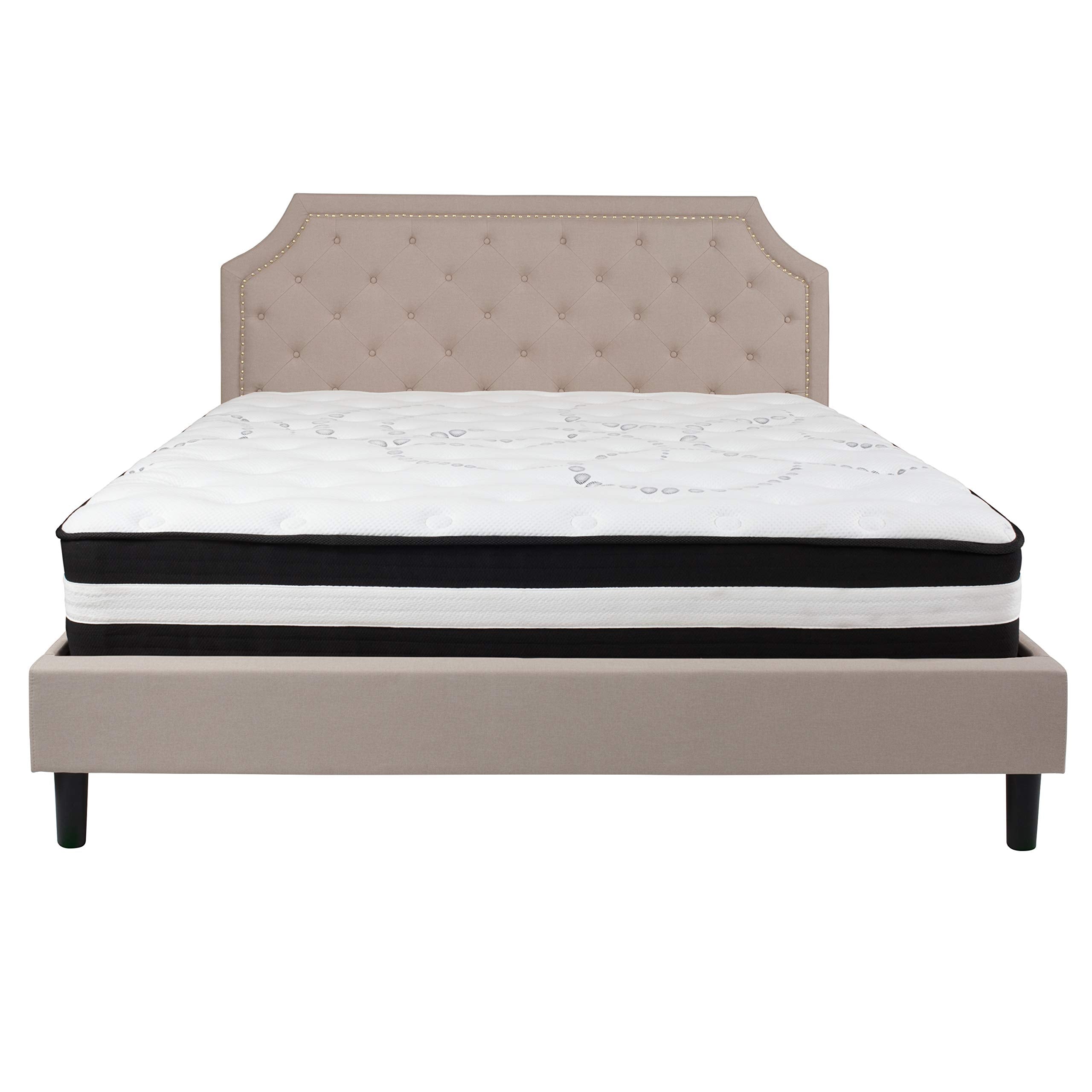 Flash Furniture Brighton King Size Tufted Upholstered Platform Bed In Beige Fabric With Pocket Spring Mattress