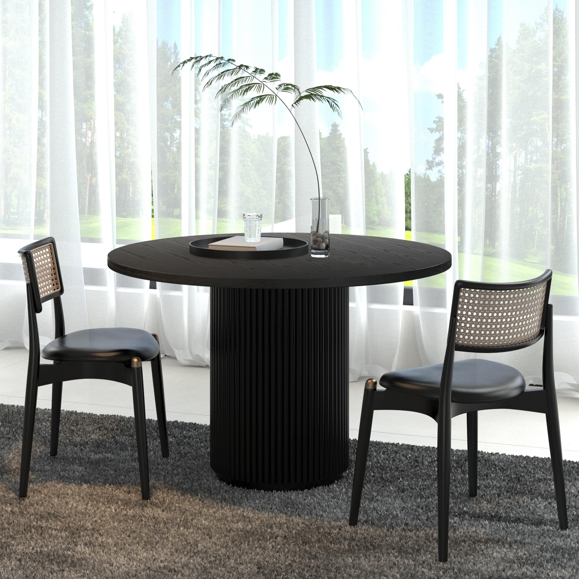 Simtonal Round Dining Table For 4, Modern Farmhouse Kitchen Table Black, 47 Inch Pedestal Circle Dining Tables With Solid Wood S