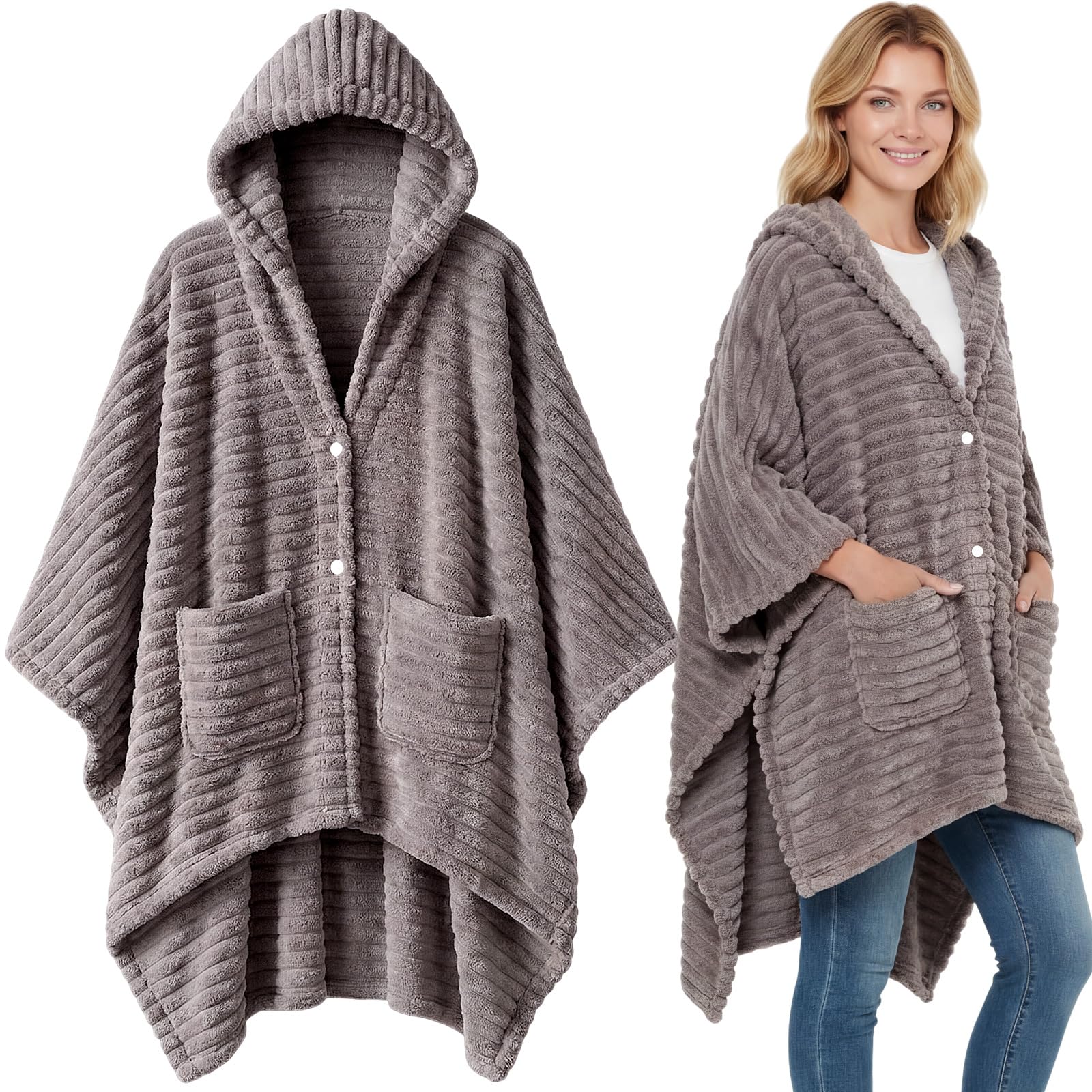 Tegeme Wearable Blanket Poncho for Women Sherpa Shawl with Pockets Hood Cozy for Mom Girlfriend Wife Female(Gray)