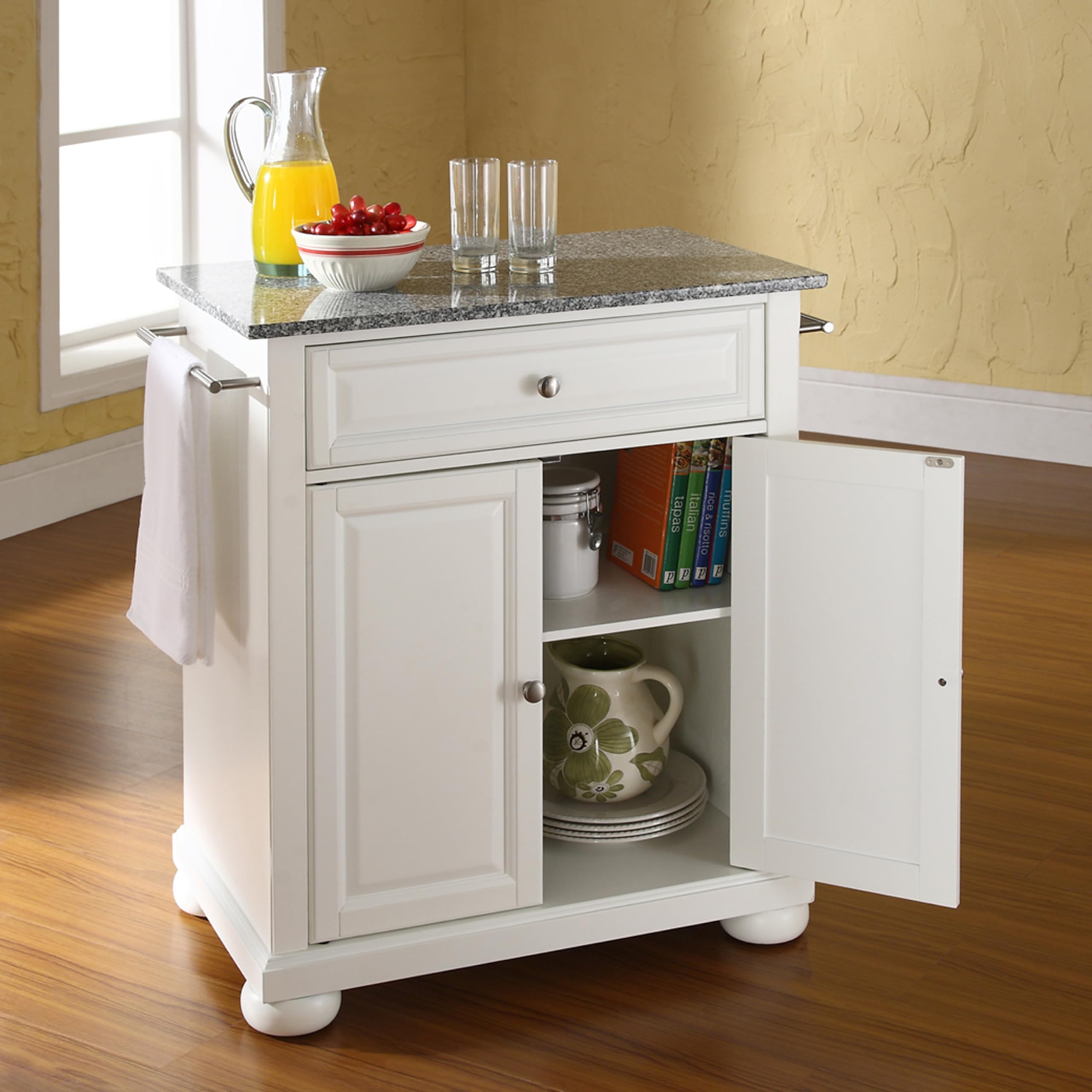 Crosley Furniture Alexandria Granite Top Small Portable Rolling Kitchen Island Storage Cart, Microwave Stand, White