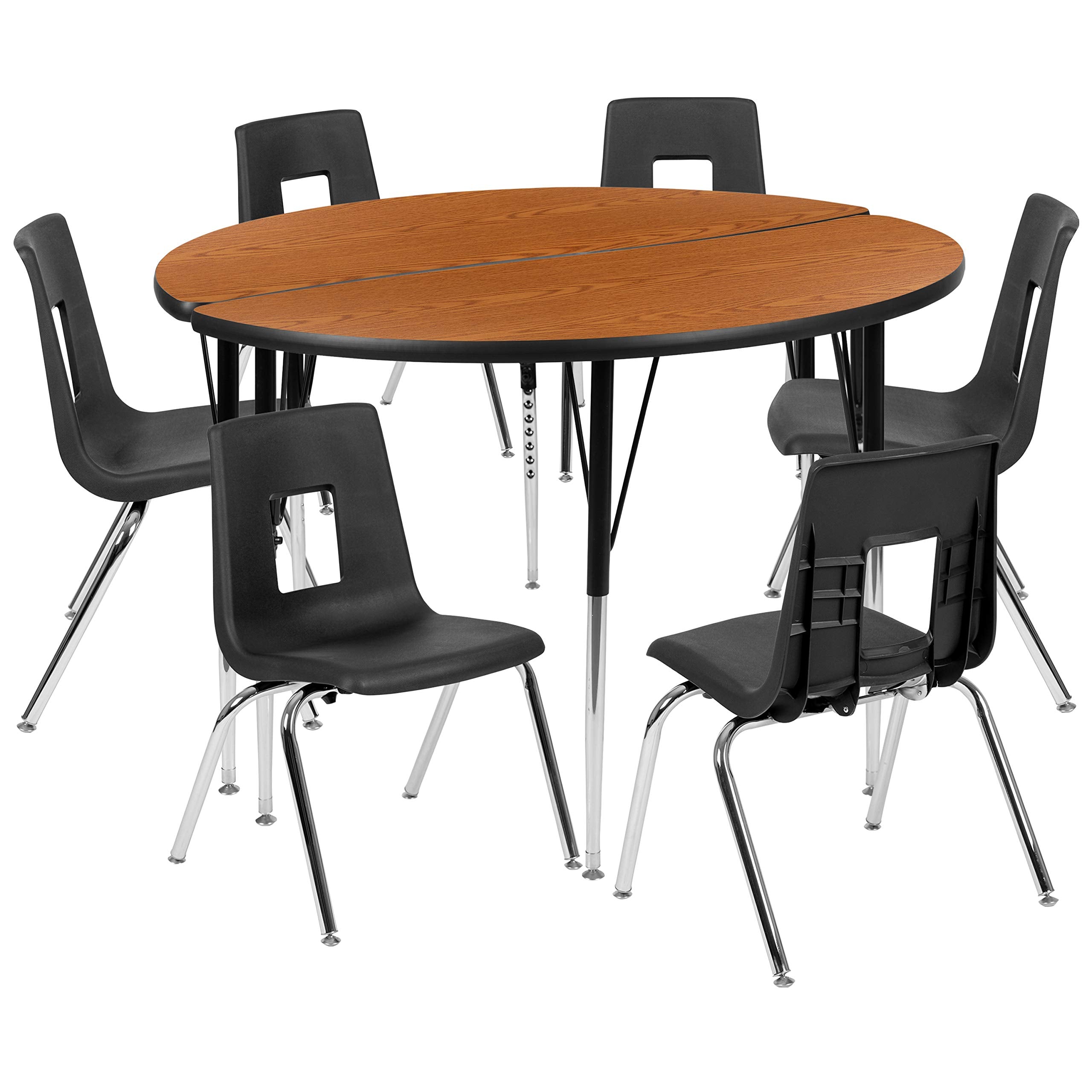 Flash Furniture 47.5' Circle Wave Collaborative Laminate Activity Table Set With 18' Student Stack Chairs, Oak/Black