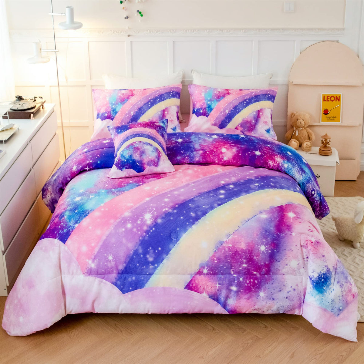 Angiyuin 6 Pcs Tie Dye Pink Twin Comforter Set For Girls, 3D Rainbow Galaxy Gradient Themed Bed In A Bag, Pastle Nebula Kids Bed