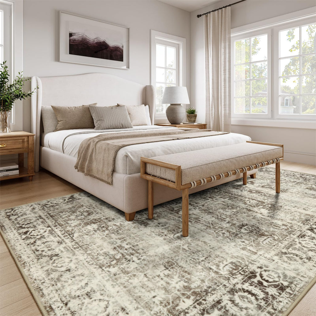 Lahome Beige Washable Rugs For Living Room 8 X 10 Large Living Room Rug Indoor Carpet,Boho Vintage Distressed Non-Slip Low-Pile