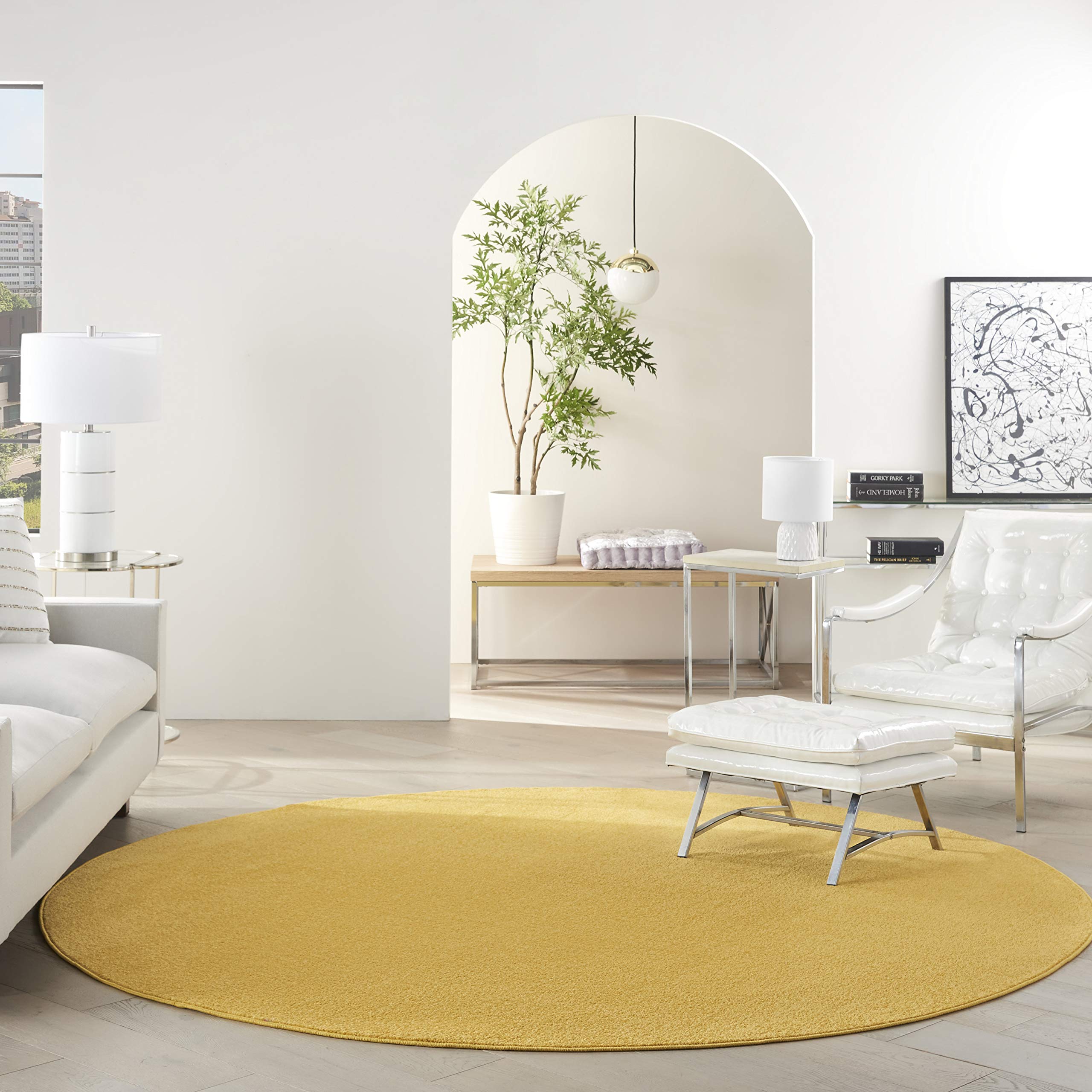 Nourison Essentials Indoor/Outdoor Yellow 8' X Round Area -Rug, Easy -Cleaning, Non Shedding, Bed Room, Living Room, Dining Room, Backyard, Deck, Patio (8 Round)