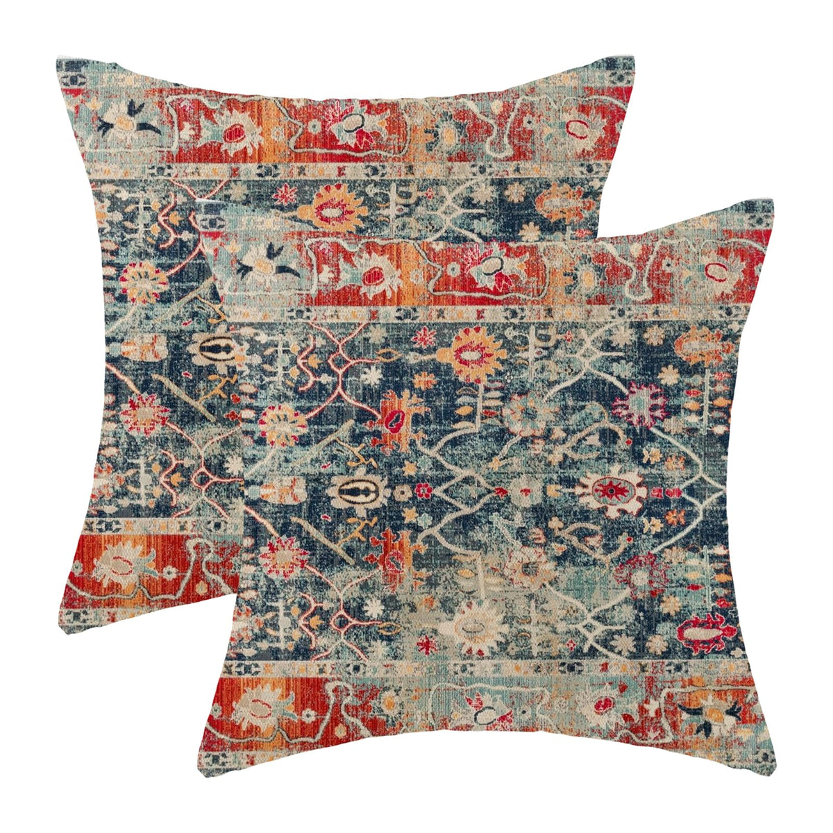Boho Pillow Covers 18X18 Set Of 2, Carpet Rug Design Decorative Navy Blue Red Boho Throw Pillows Linen Farmhouse Bohemian Cushio