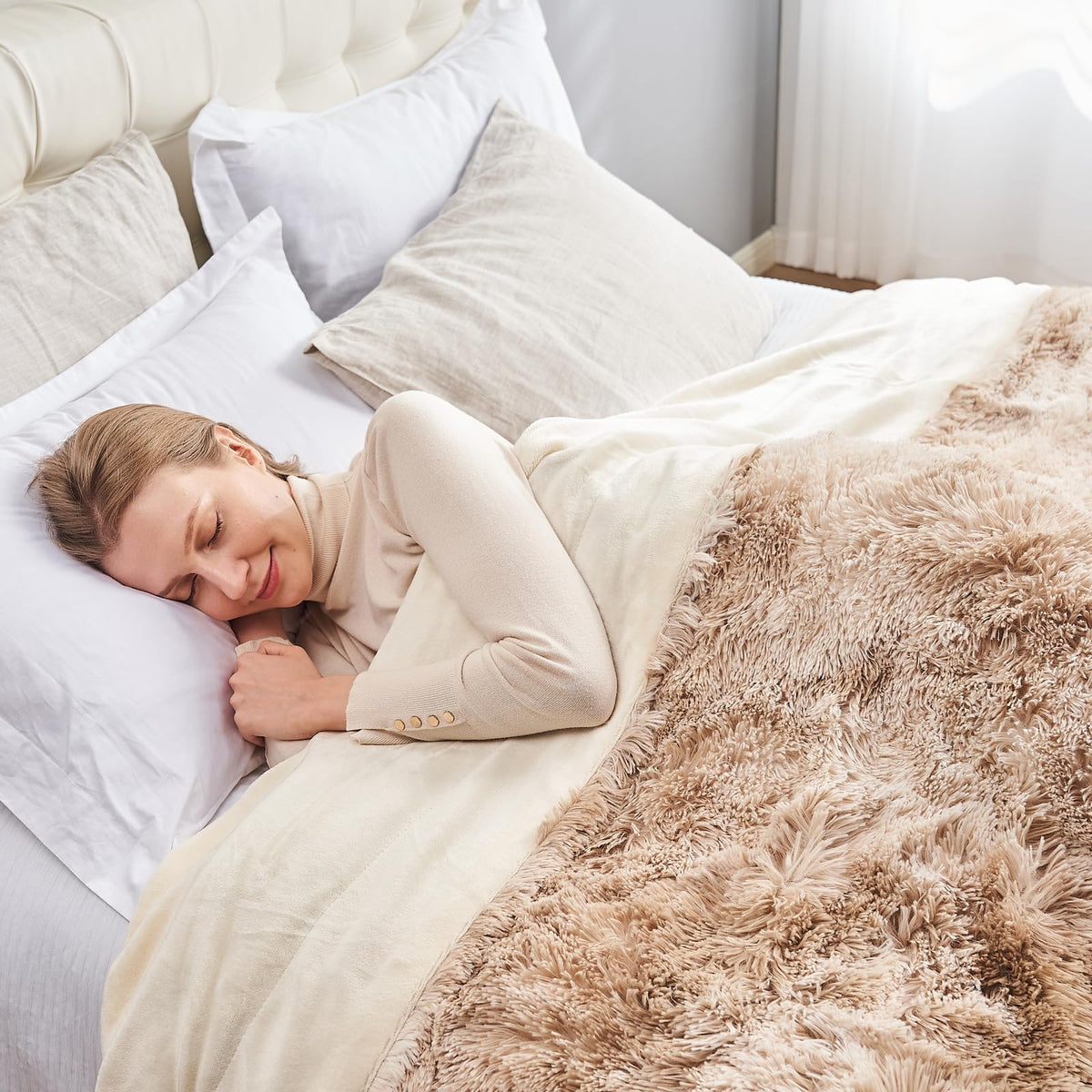Gonaap Fuzzy Faux Fur Throw Blanket Queen Size Tie-Dye Beige Super Soft Cozy Plush Fuzzy Shaggy Blanket For Couch Sofa Bed (Tie-