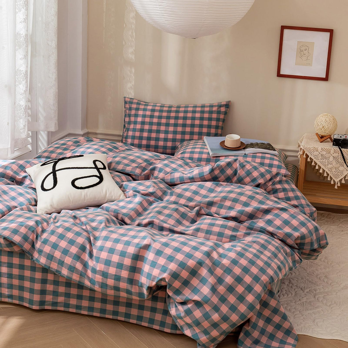 VM VOUGEMARKET Purple Pink Plaid Bedding Set Queen 3 Pieces Pink Blue Grid Duvet Cover with Zipper Ties 2 Pillowcases 100% Washe